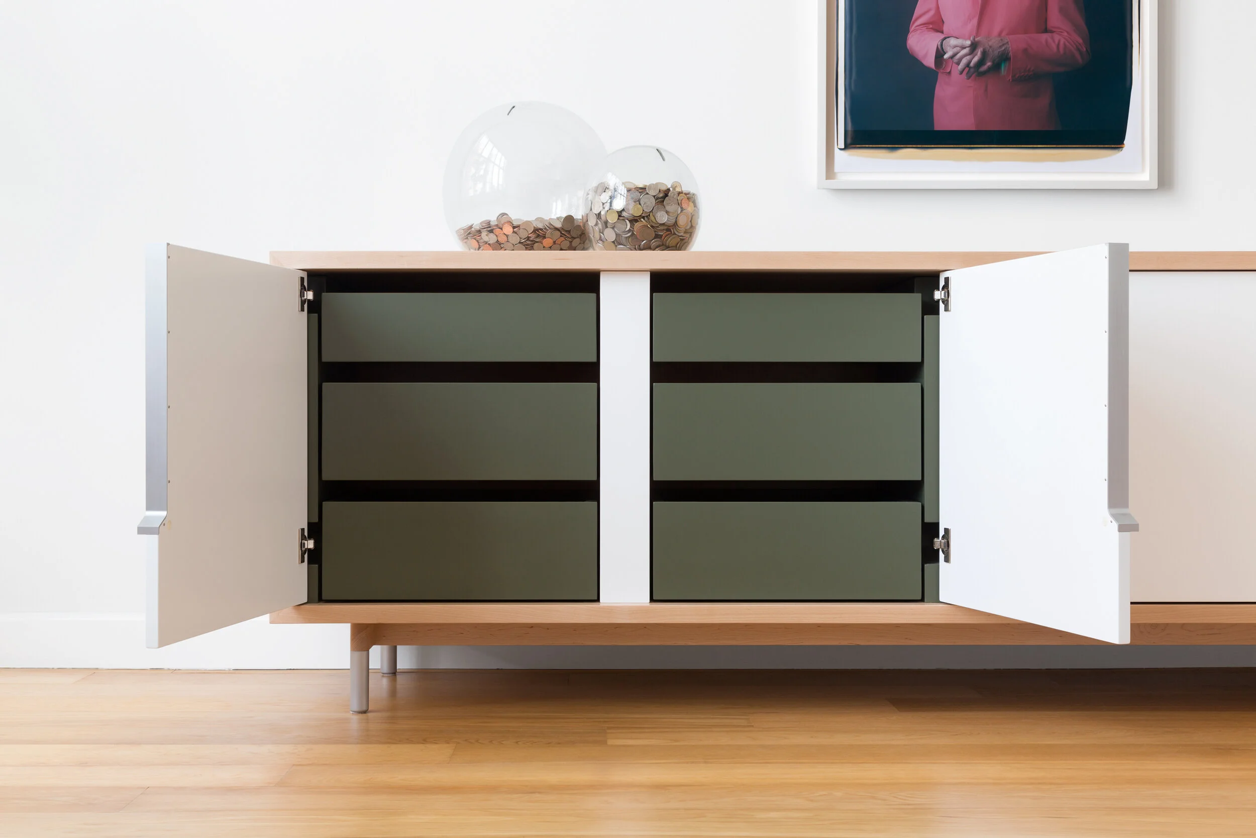 Halsey Prime Credenza in Maple, White Lacquer with Aluminum Handles and Sage Green Drawers and Shelves