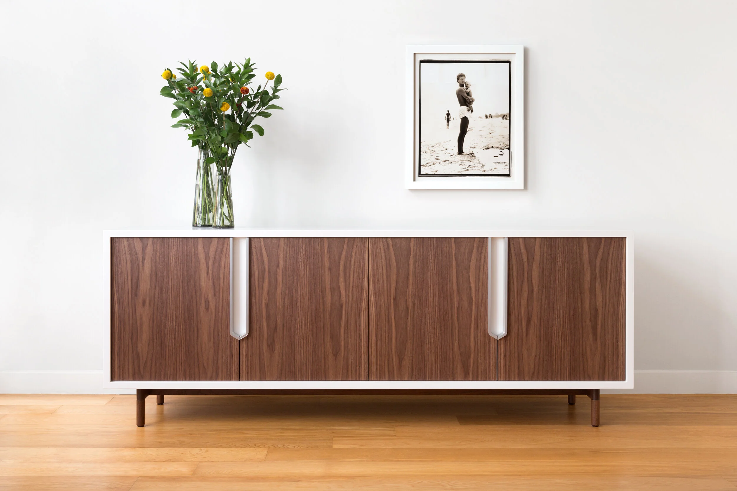 Halsey Prime Credenza in White Lacquer, Walnut with Brass Handles