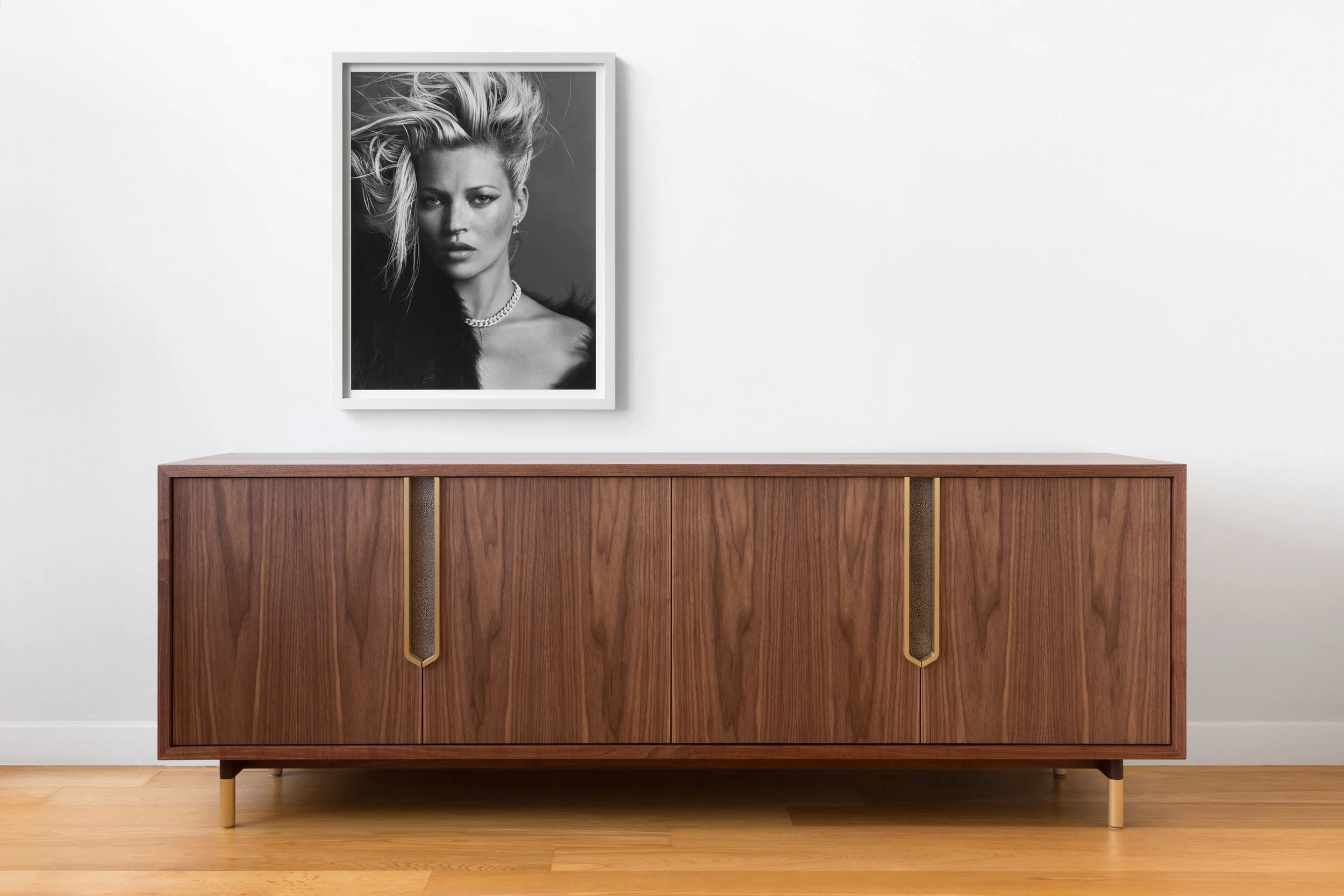 Halsey Prime Credenza in Walnut, Brass with Shagreen Reveals