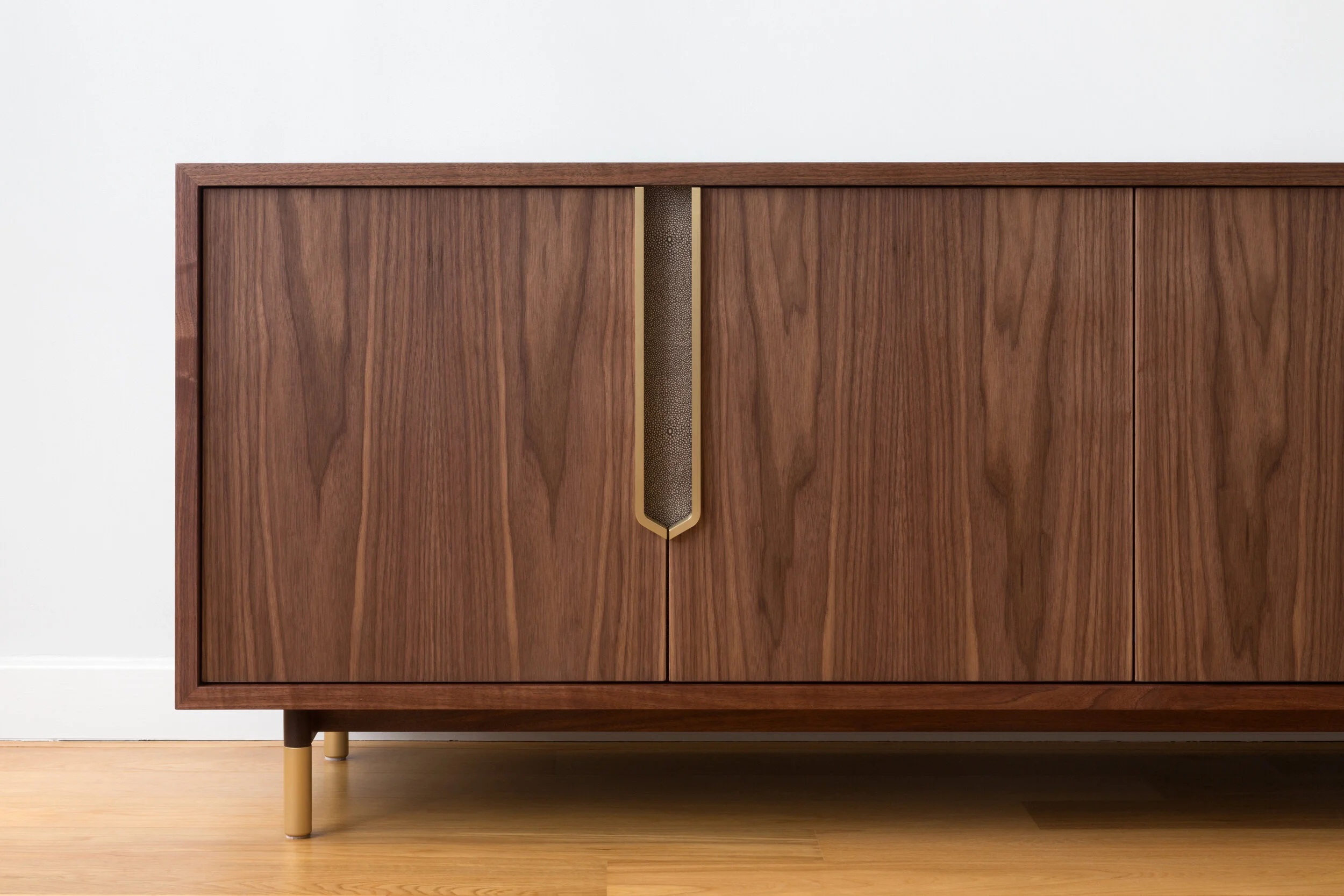 Halsey Prime Credenza in Walnut, Brass with Shagreen Reveals