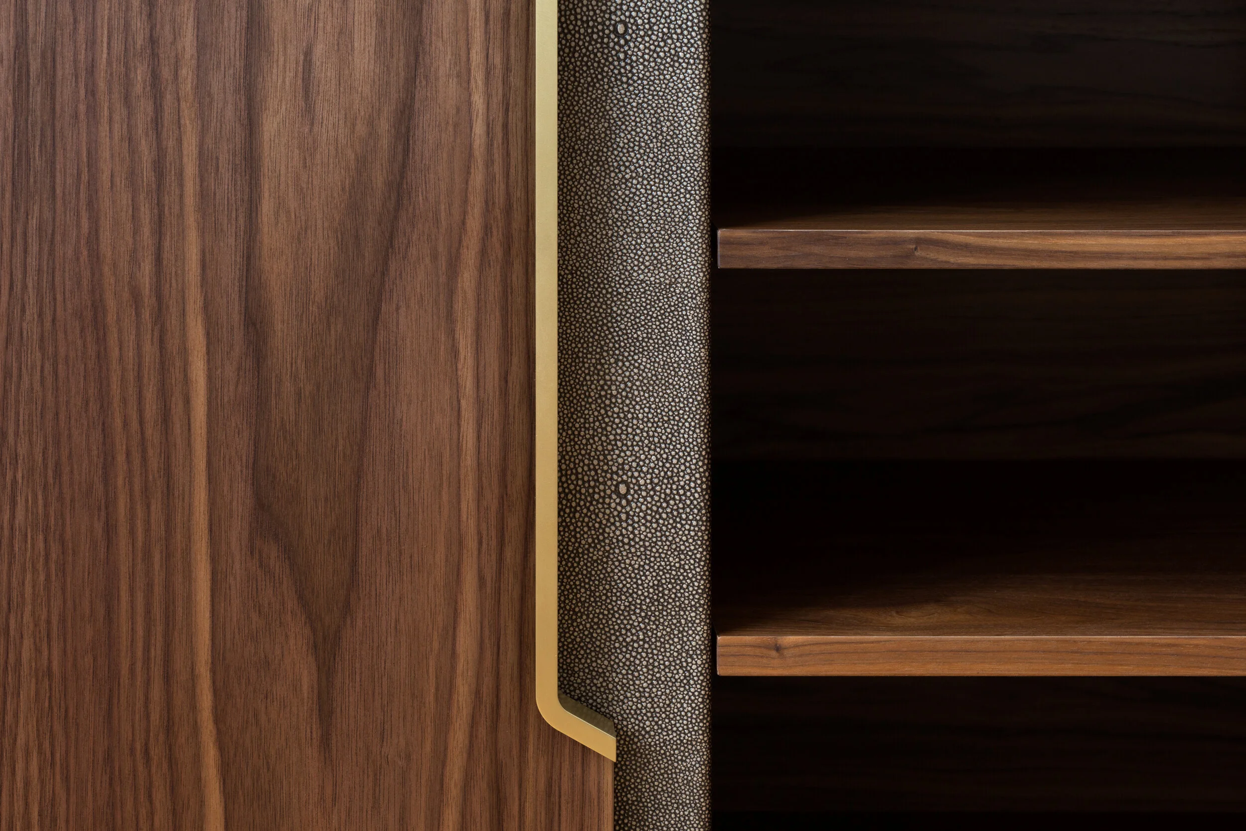 Halsey Prime Credenza in Walnut, Brass with Shagreen Reveals