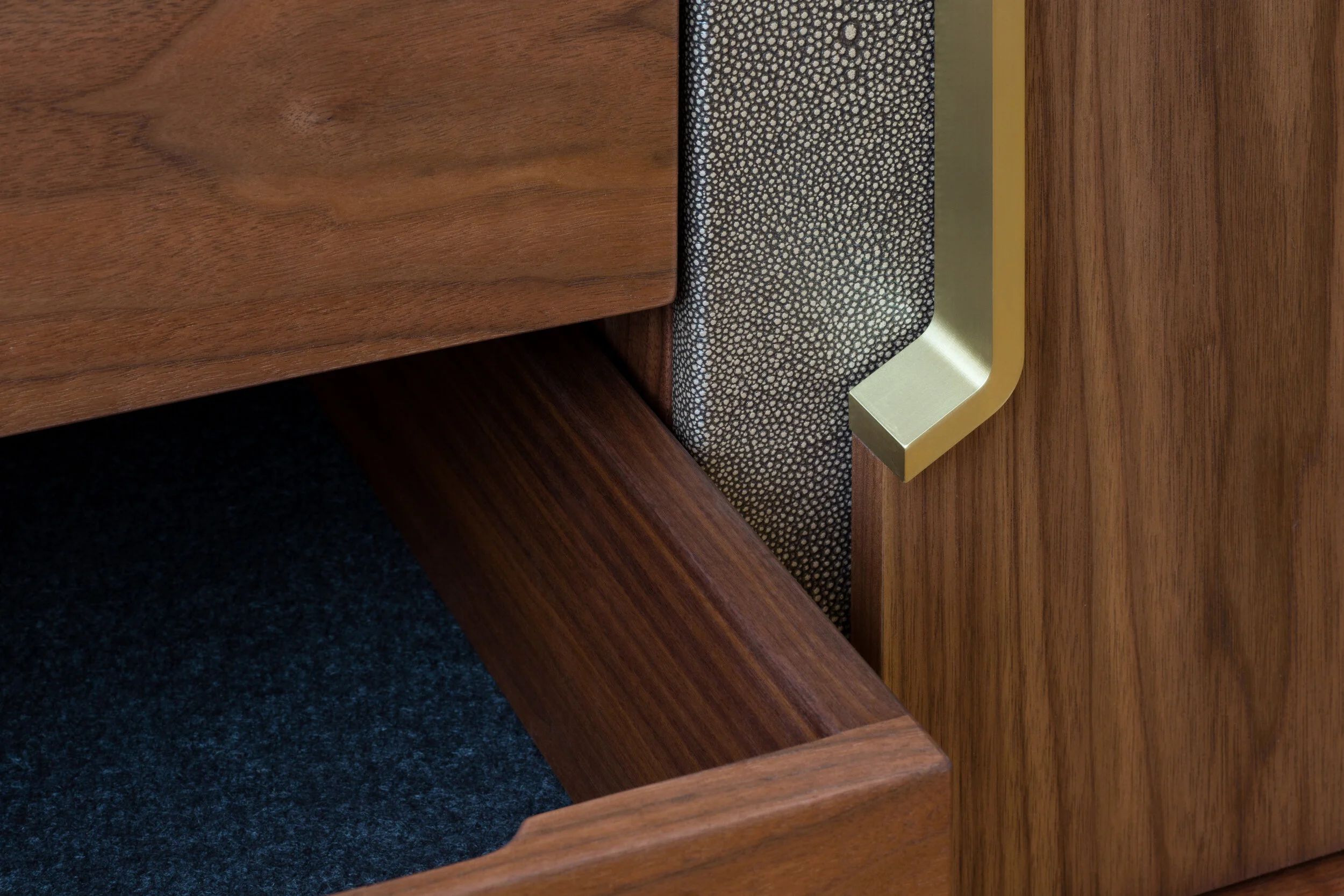 Halsey Prime Credenza in Walnut, Brass with Shagreen Reveals