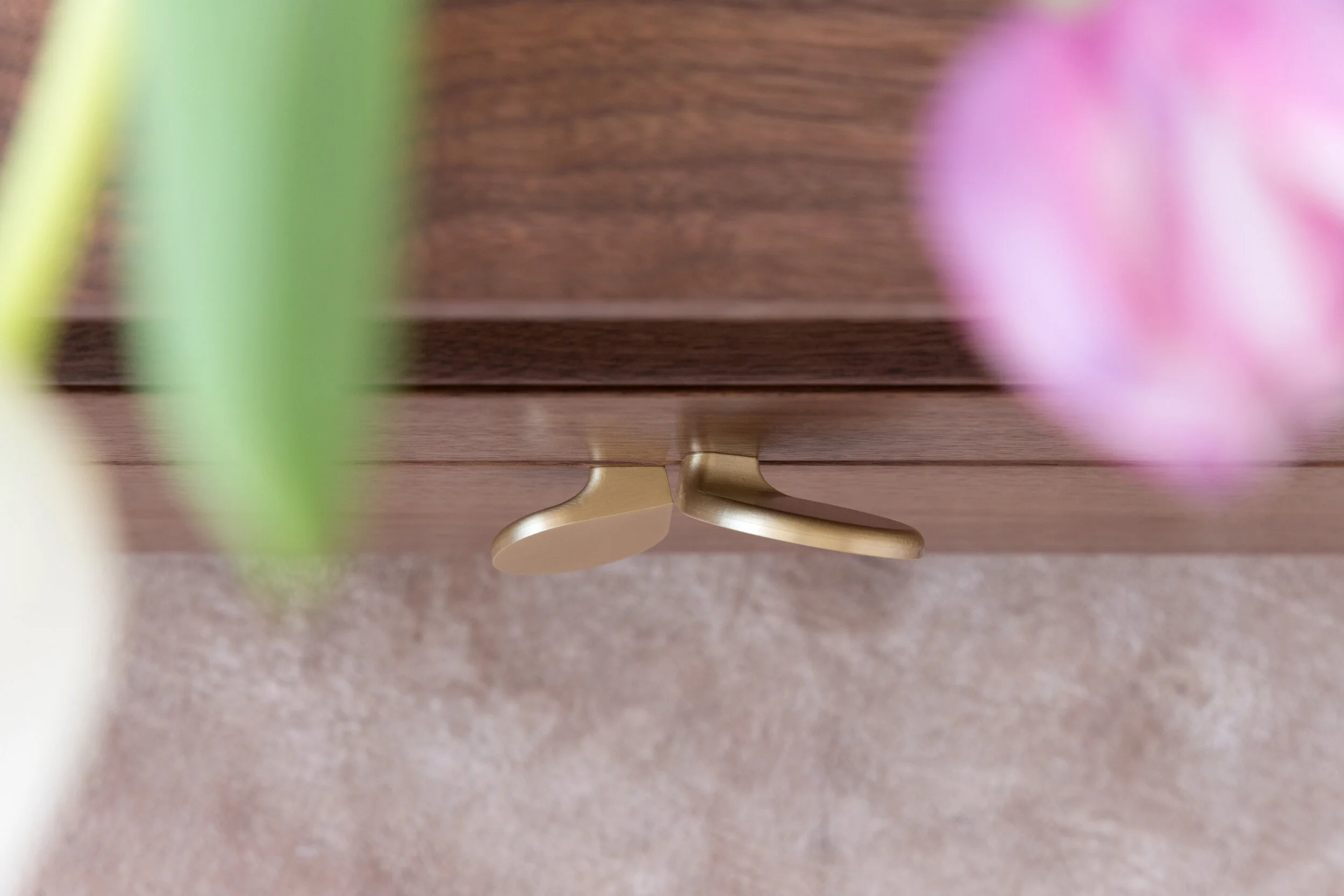 Petals Side Table with Open Shelving in Walnut and Brass Pulls