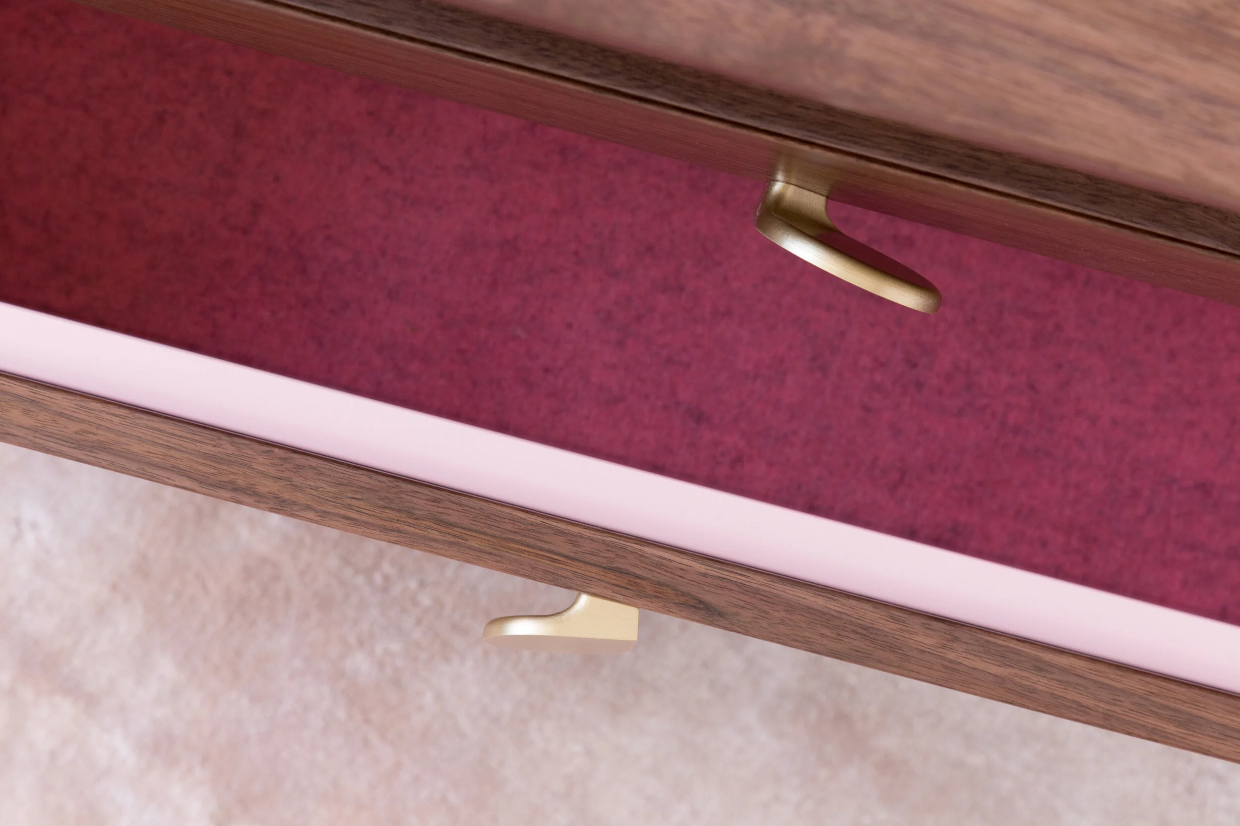 Petals Side Table with Open Shelving in Walnut and Brass Pulls