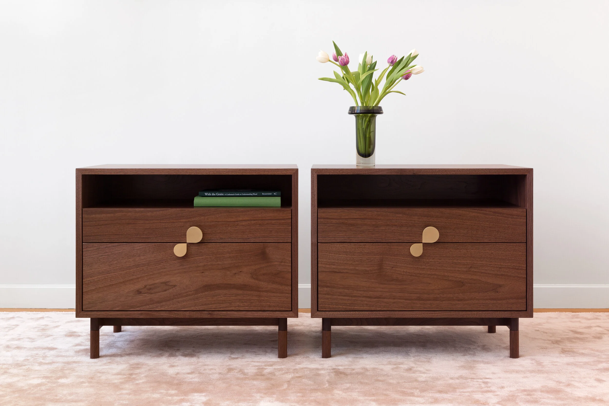 Petals Side Table with Open Shelving in Walnut and Brass Pulls
