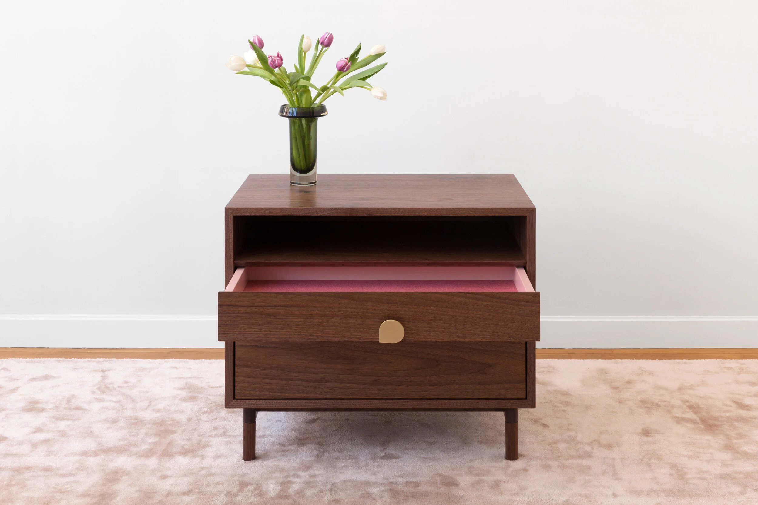 Petals Side Table with Open Shelving in Walnut and Brass Pulls