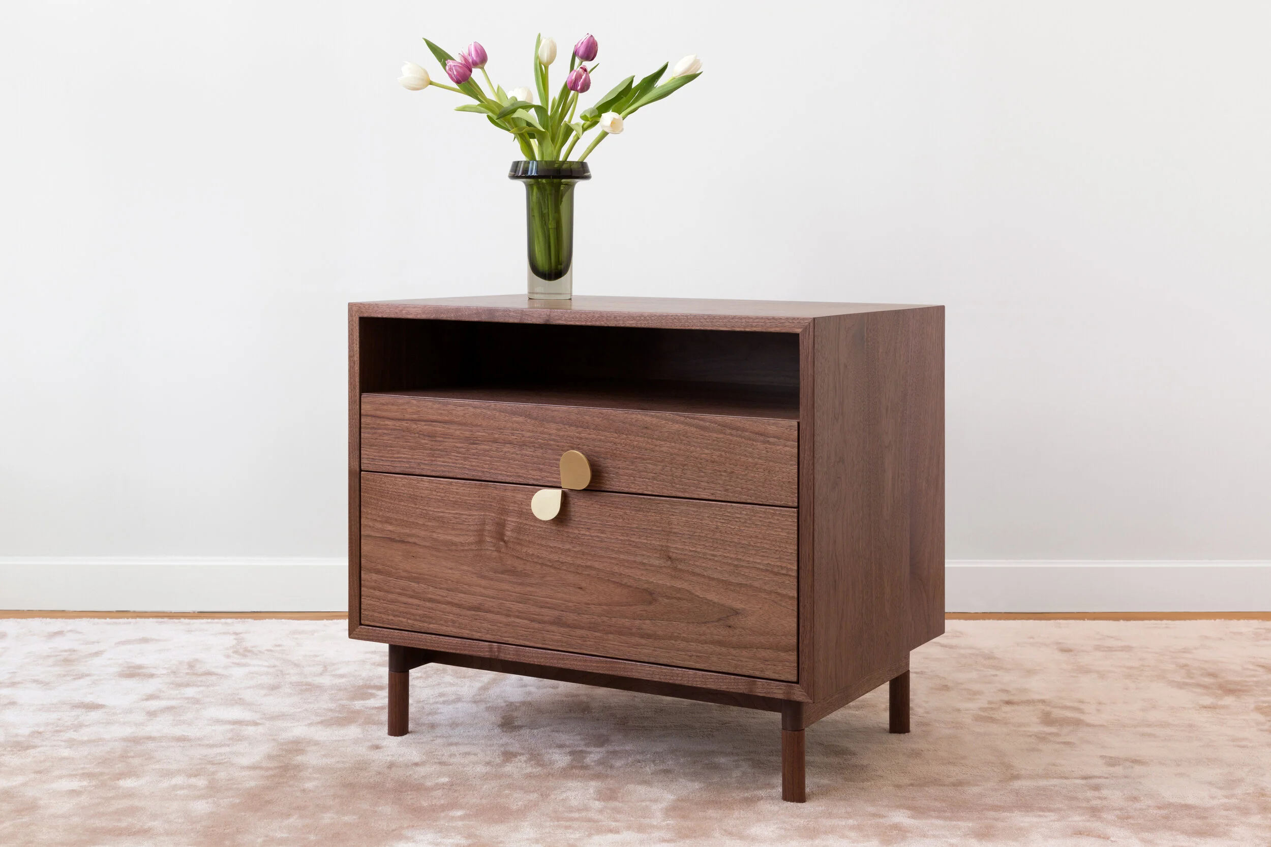 Petals Side Table with Open Shelving in Walnut and Brass Pulls