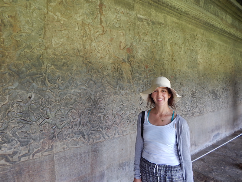 Michelle in front of a depiction of the Hindu story of Diwali, which was celebrated by Michelle's class the week prior to our trip