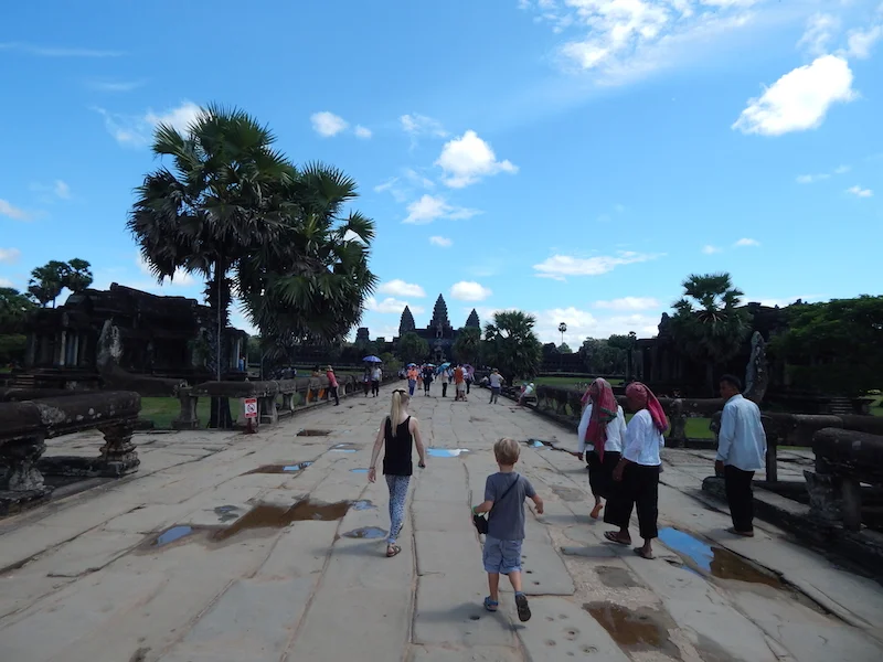 This is the walkway leading from the outer wall and across the massive moat around Ankor's primary wat (temple)