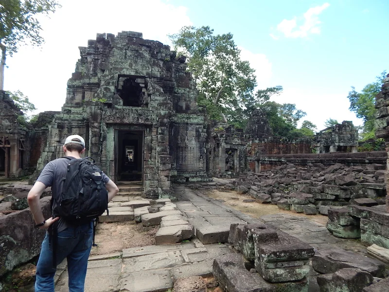 During renovations the archeologists take apart sections of the temple, label and stack stones by location, then model the original intent and reconstruct. During the wars of the 70s and 80s the teams got kicked out before they could put some of them back (see piles on the right). It is a work in process.