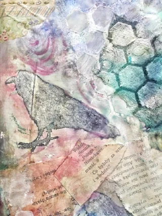 A thin layer of &nbsp;gesso unites the values here, creating a happy ,faded look. Here we have torn pages from a dollar discard book that happened to be in Polish, a raven stamp, gelato tinting, and that rough texture is the actual moist wipe, torn …