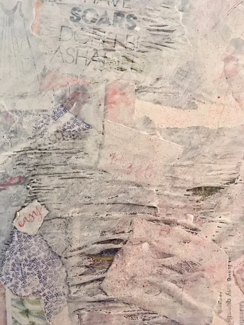 A fragment of a bill, billing envelope, with magazine and catalogue scraps covered with white chalkboard acrylic, which is easy to write on. I love the texture and smeared it on with my fingers -- imperfectly!