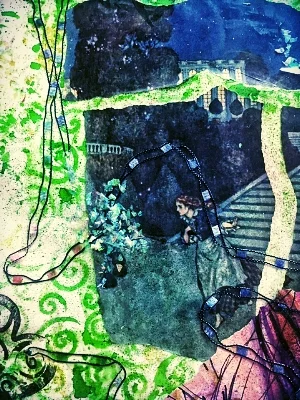 spray inks in green and yellow AND purple over a collage and a whirl wind stencil. This was a discard torn cover of an old Dulac fairy tale book...