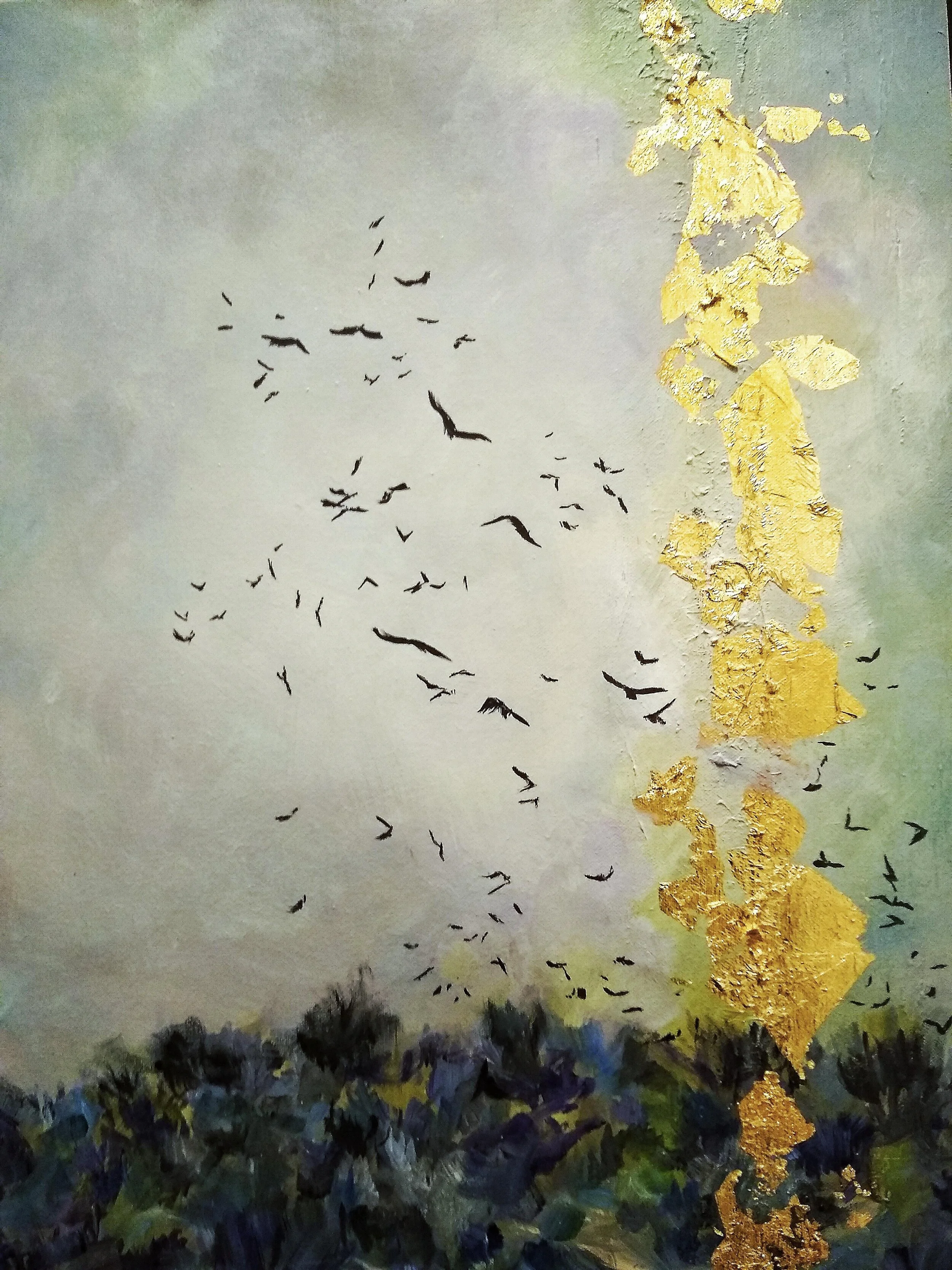 Oracle18”x24”   oil and gold leaf on canvas  2018 425.00The Etruscans, a pre-Roman civilization in Italy, believed that the future and present event could be predicted and understood by observing the flight of birds. This series explores these sacre…