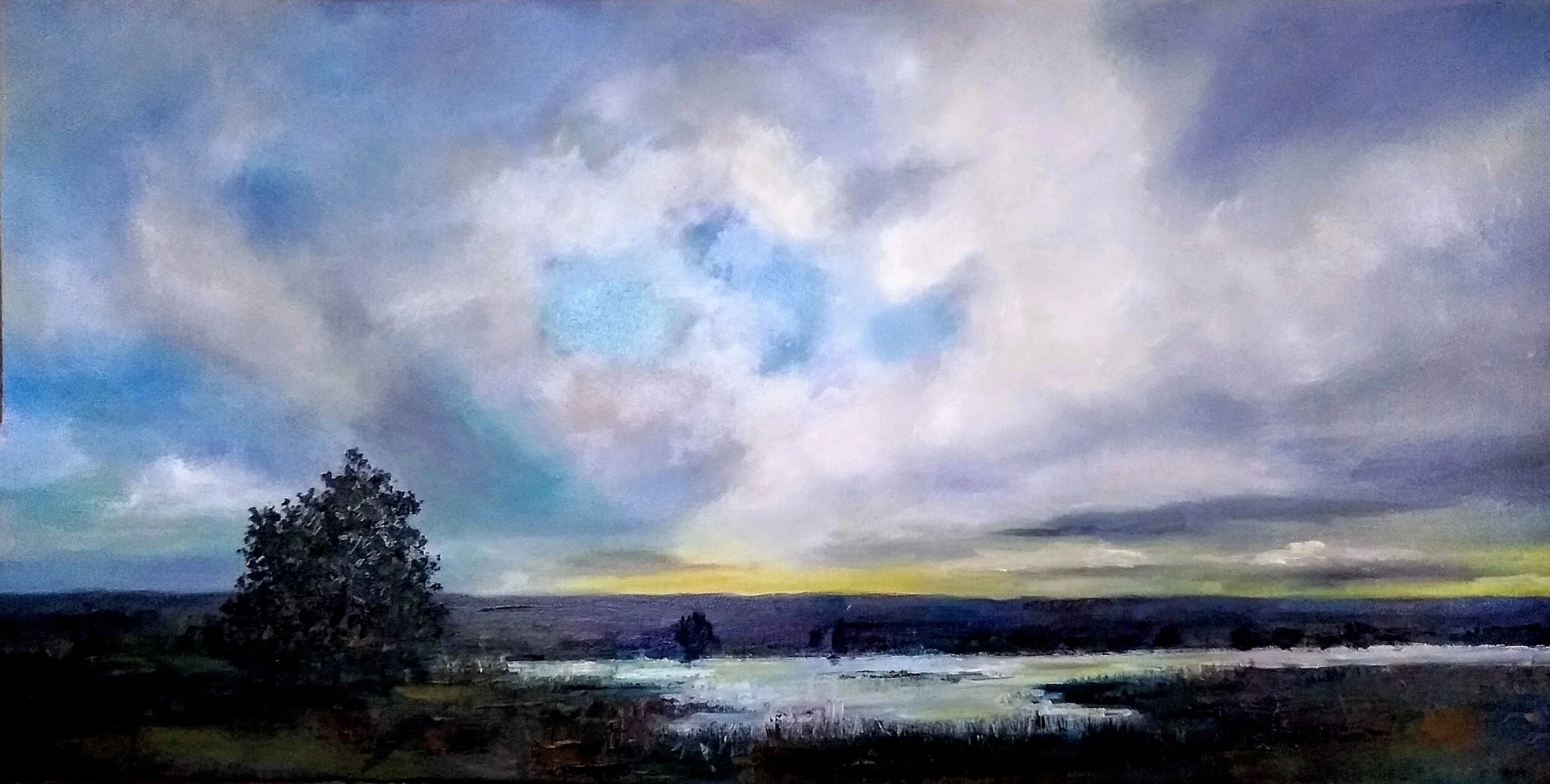 Polaris Ditch36”x24” oil on canvas    2019 1100.00At that pale moment when home seems very far away, but the light holds the heat of the day in the sky .