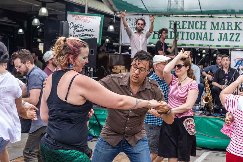 Chance Bushman and the Ibervillianaires had the swing dancers swinging early at the Traditional Jazz Stage. ©Zack Smith Photography
