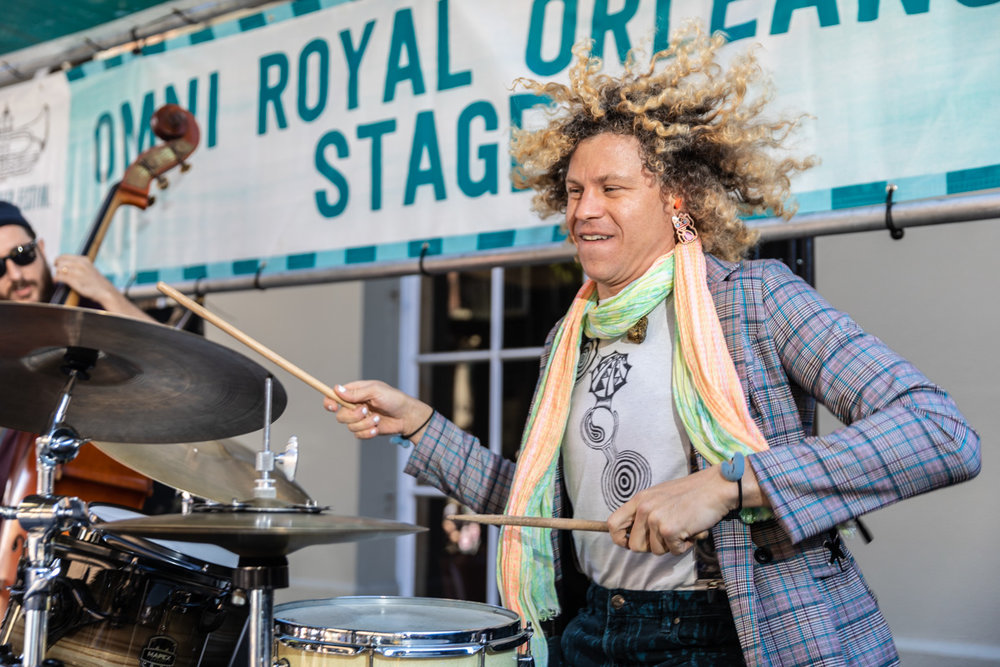 Drummer Simon Lott performs with Jesse Morrow on Royal Street in one my favorite music moments of my 10 years shooting French Quarter Fest. ©Zack Smith Photography (below: Brad Walker and Jesse Morrow)