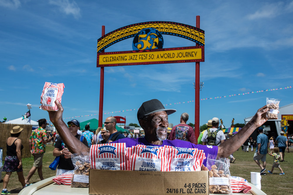 Lucius Thomson, hawking peanuts for 37 years at Jazz Fest!