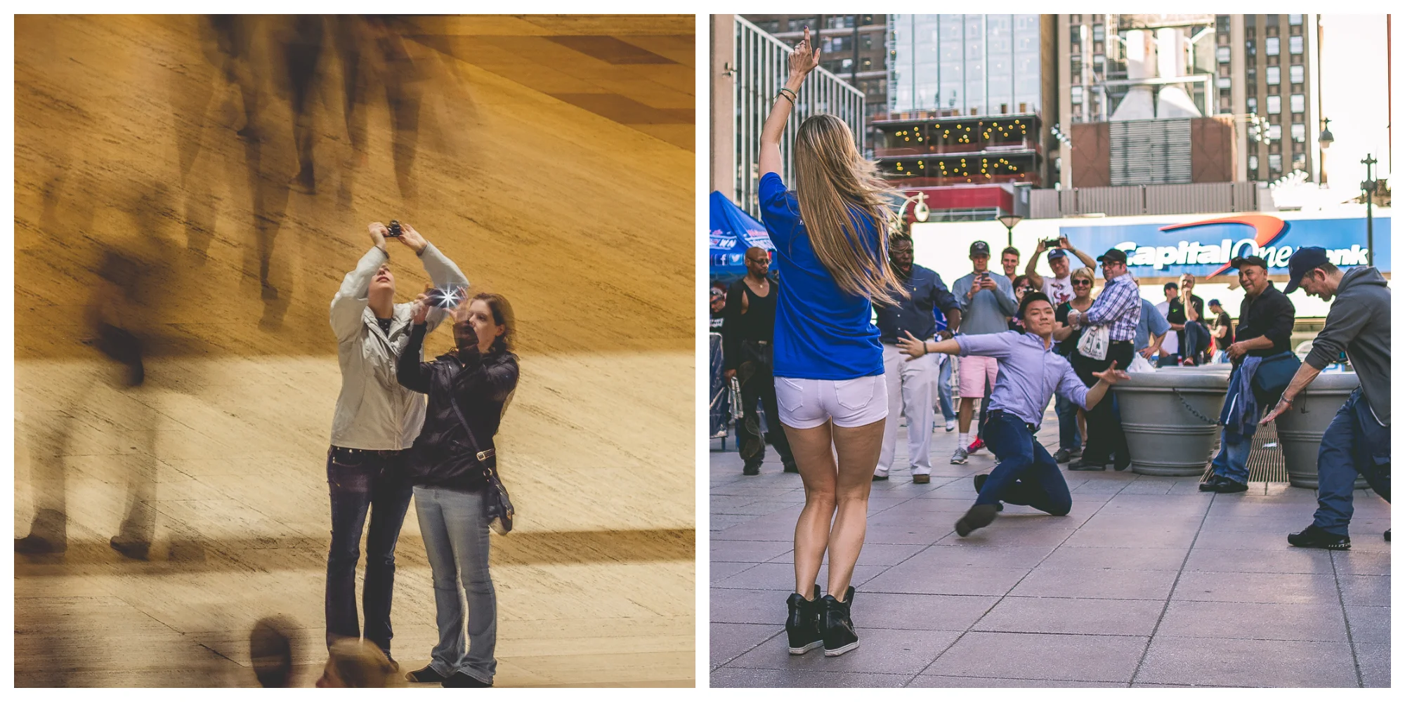 Left: long shutter speed to capture movement around still photographers / Right: fast shutter speed to capture breakdancers in the moment