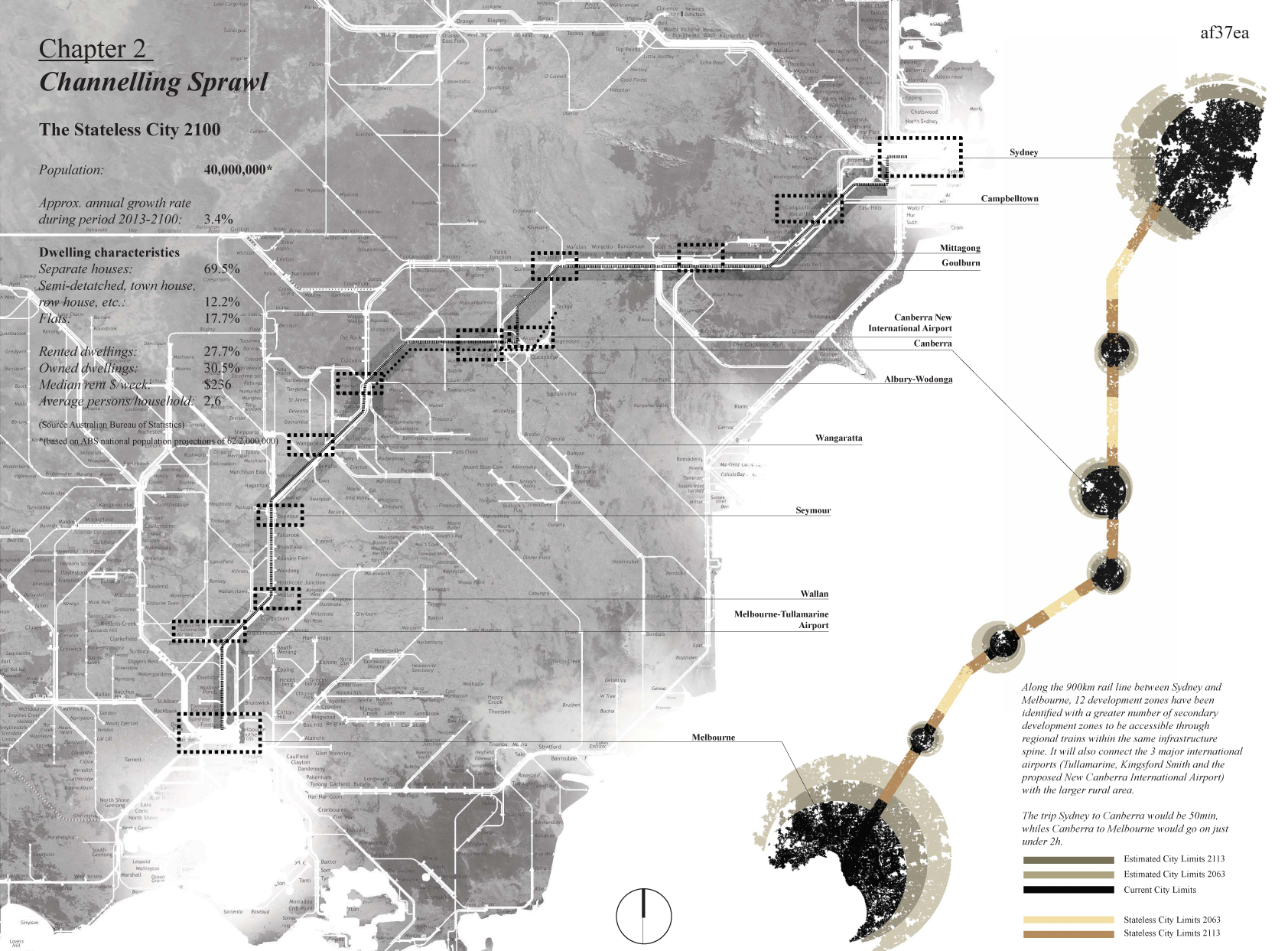 The Stateless City does not propose an end to urban sprawl. It takes the desire for space, for a ‘home of one’s own’ as somehow inherent to the Australian psyche and instead provides an infrastructural channel for urban sprawl, feeding and supporting it. The mass linear form highlights and increases the surface area and exposure between the city and the agricultural landscapes of Australia, breaking down divisions between city and country. Visitors also experience the unique scale of the Australian landscape. The proposal looks to, among others, the paintings of Fred Williams and the poetry of Dorothea Mackellar as the embodiment of this over-scaled Australian landscape. It is a celebration of an ‘Australian scale’. ‘The love of field coppice, Of green and shaded lanes, Of ordered woods and gardens, Is running in your veins; Strong love of grey-blue distance, Brown streams and soft dim skies- I know but cannot share it, My love is otherwise.’ ‘I love a sunburnt country, A land of sweeping plains, Of rugged mountain ranges, Of drought and f looding rains, I love her far horizons, I love her jewel sea, Her beauty and her terror, The wide brown land for me.’