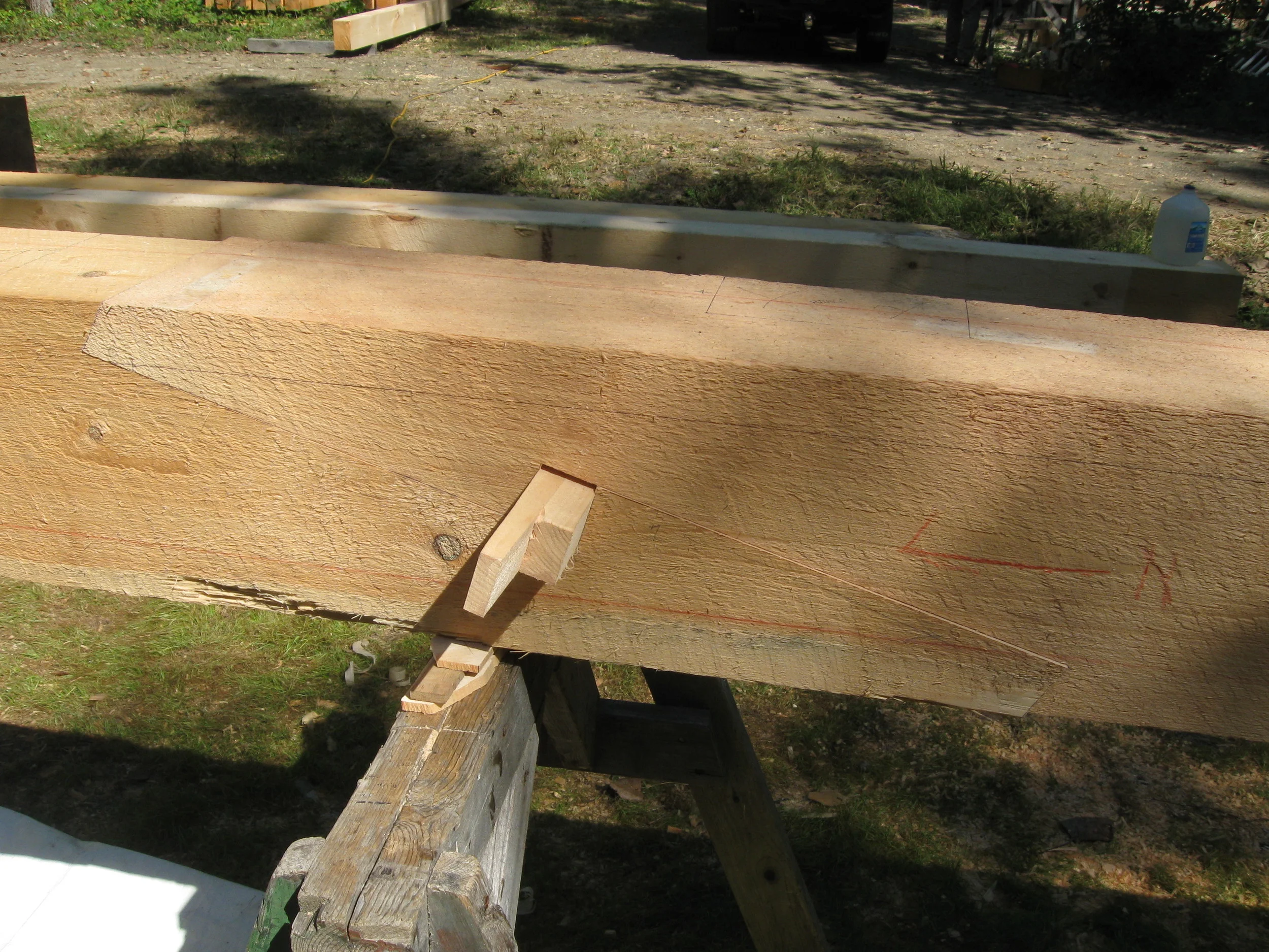  A Tabled and Wedged Scarf&nbsp;with Squinted Abutments, as they say. We found it was more affordable and timely to cut the joinery rather than wait/pay for timber in the full lengths. 