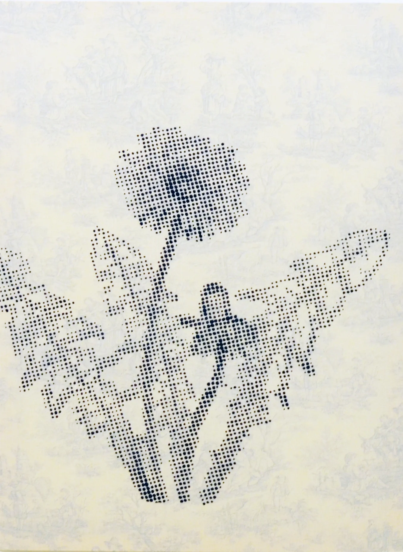 Druckbild eines roten Rosenblatts mit einer Biene und grünen Blättern.