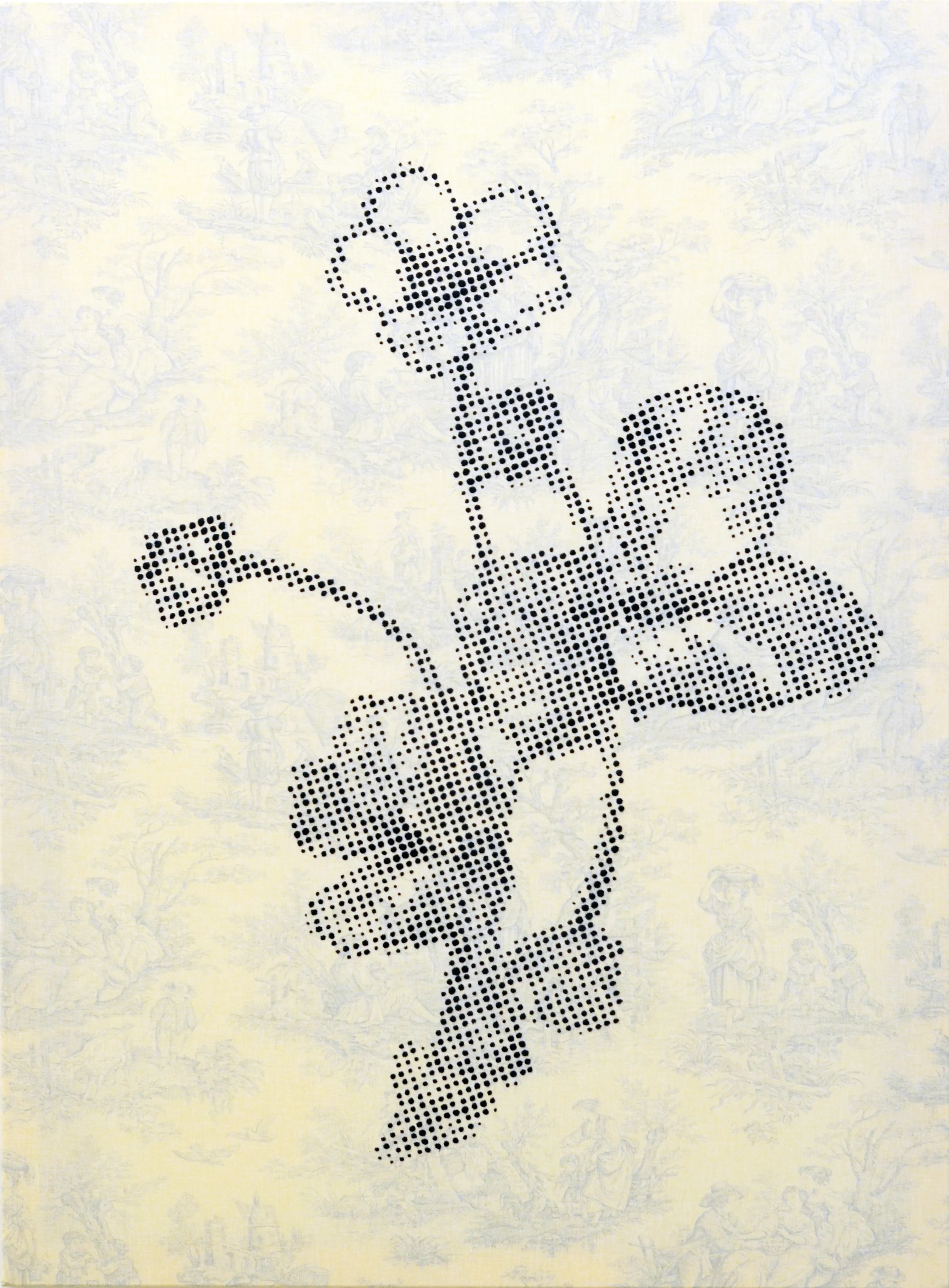 Druckzeichnung eines schwarzen Blumenmusters auf hellgelbem Hintergrund.