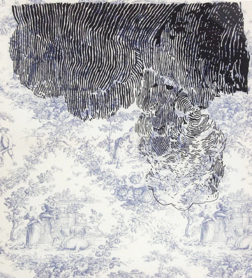 Ein Kunstwerk mit einer großen Gesichtszeichnung, die aus schwarzen Linien besteht und eine Szene mit Menschen und Tieren im Hintergrund zeigt.