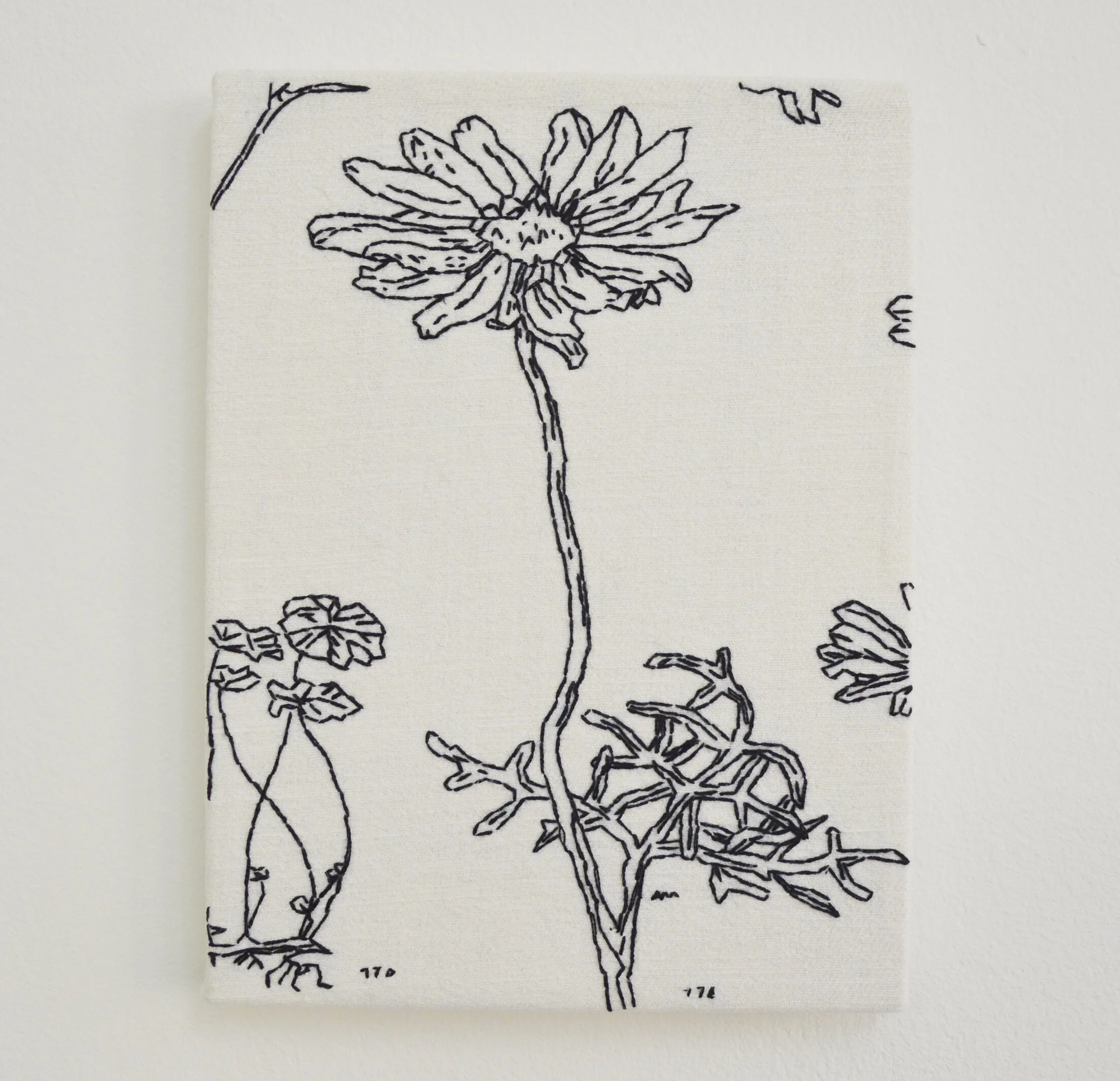 Handgezeichnete Skizze einer Blume mit mehreren Blüten und Zweigen auf weißem Hintergrund.