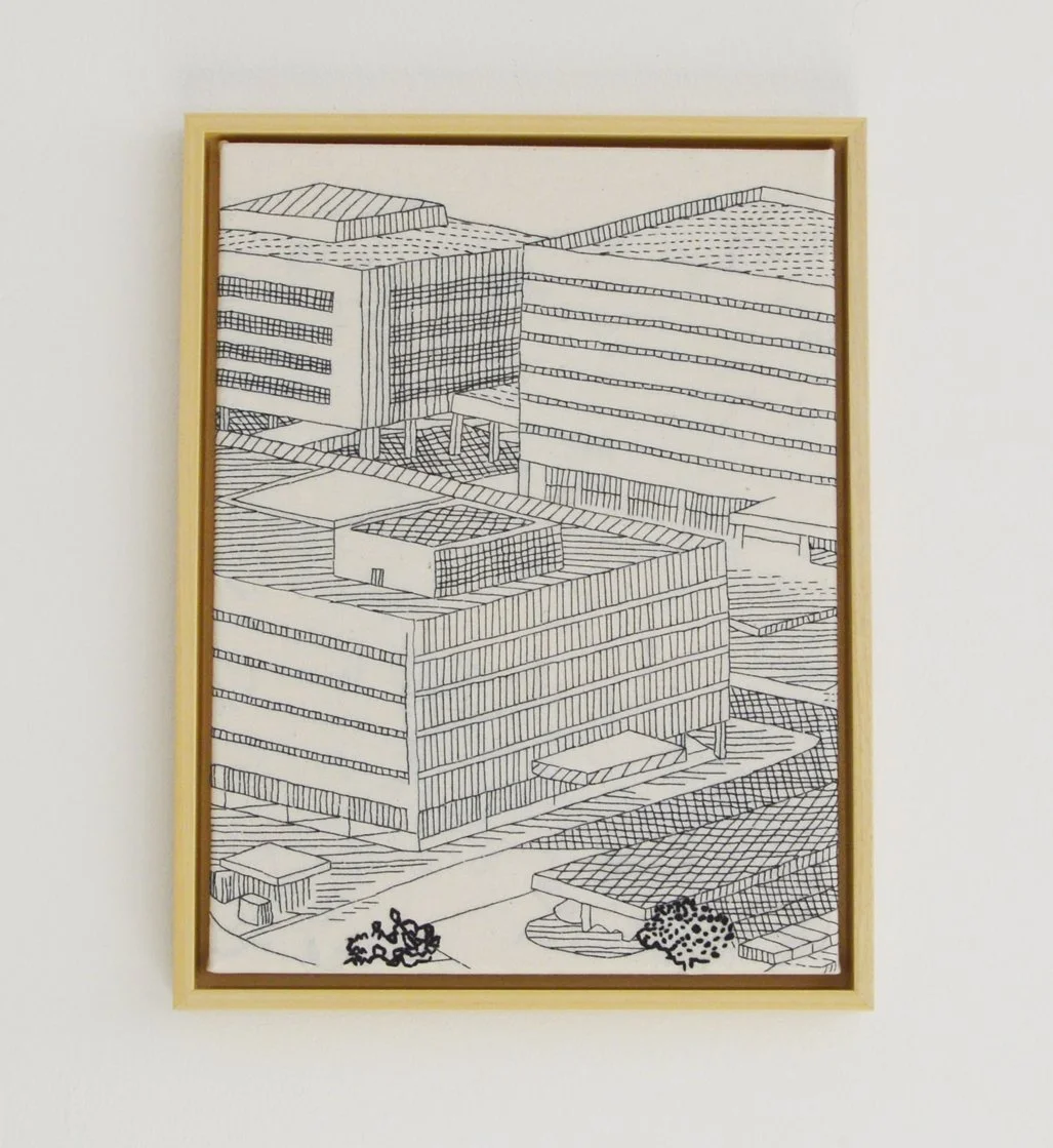 Global City - Handstickerei auf Nessel 30 x 40 cm, 2023