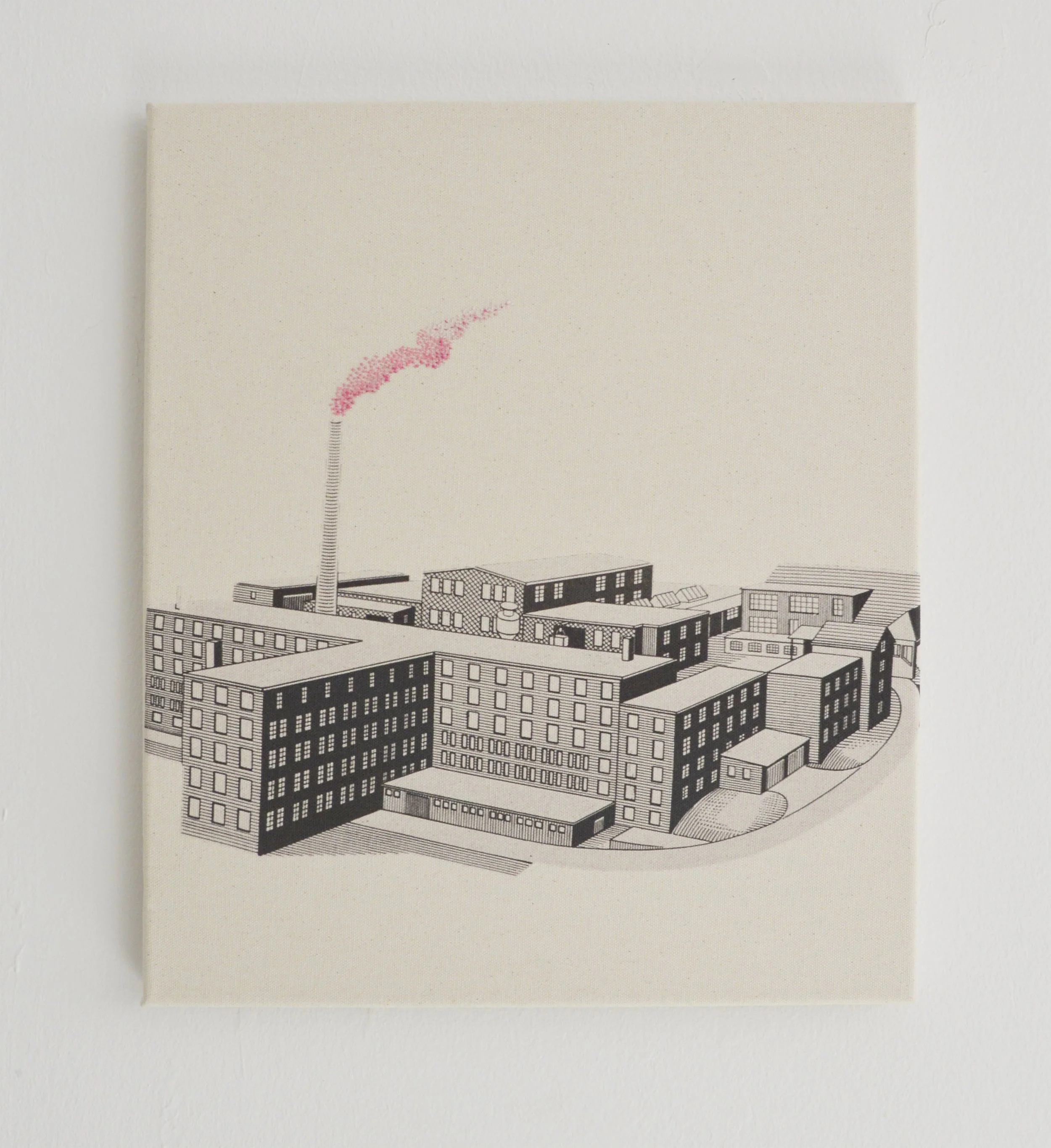 Factory - Handstickerei und Textildruck auf Panama-Baumwolle, 38 x 44 cm, 2023