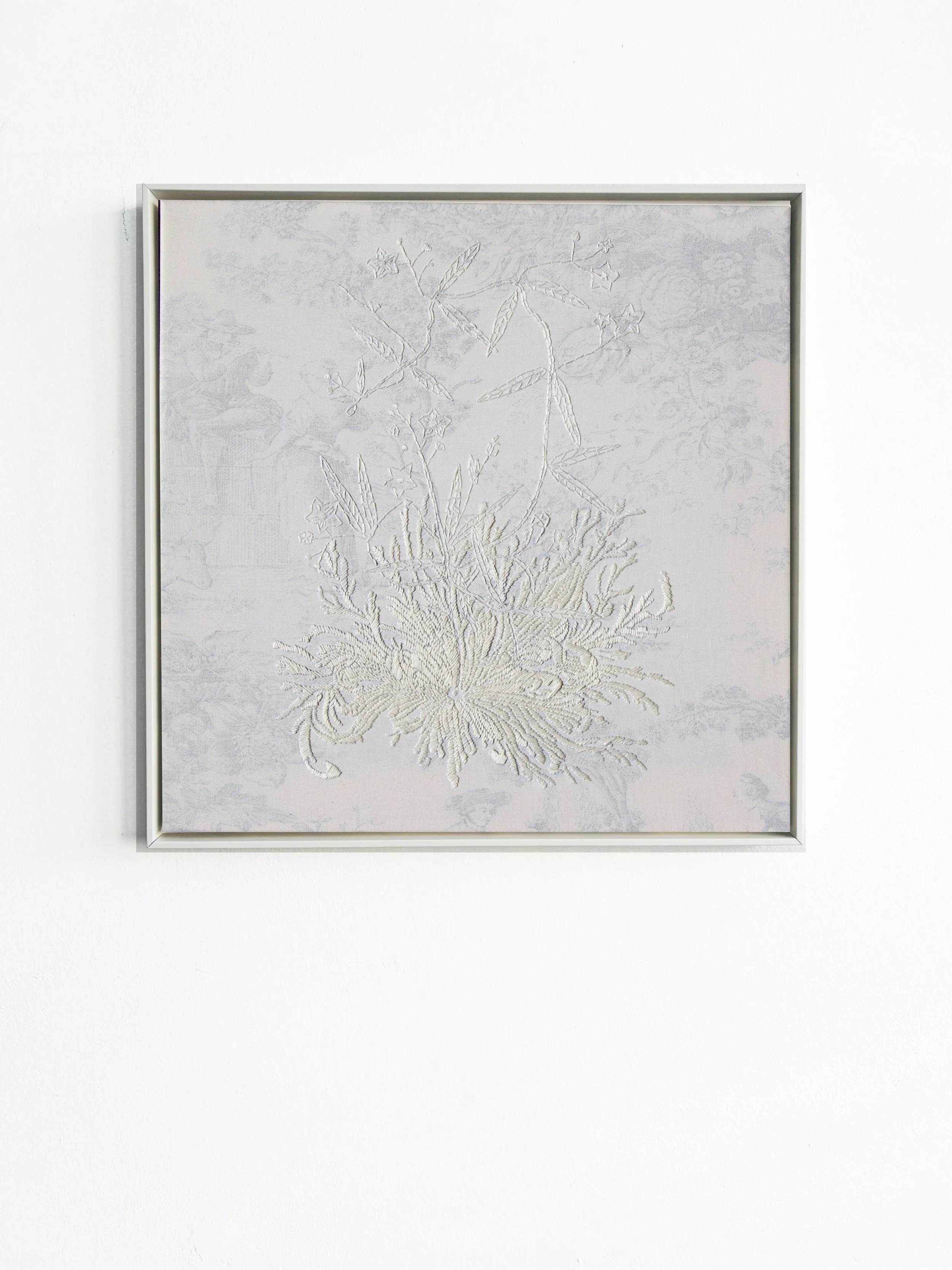 Leinwand mit stickierter botanischer Illustration einer Pflanze, umrahmt von einem schmalen Rahmen, an einer weißen Wand.