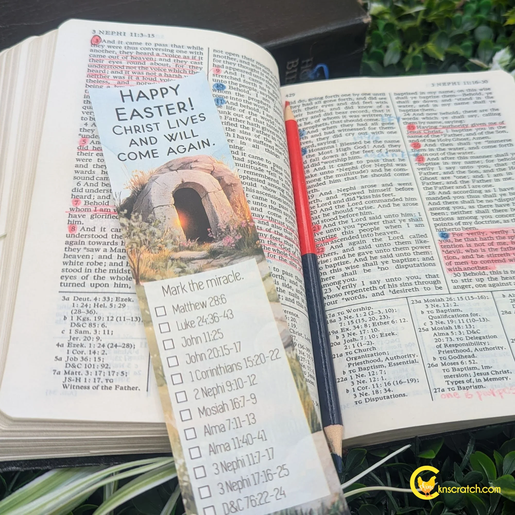 Easter scripture marker with bookmark on top of open scriptures lds.jpg