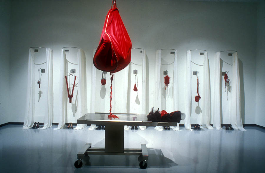 JOAN KAUFMAN, Hung like a Heart , 1995 Stainless steel, mixed media, Table 77 x 180 x 77 cm, Floor plates 36 x 35cm, Wall Hooks 14 x 14 x 35 cm