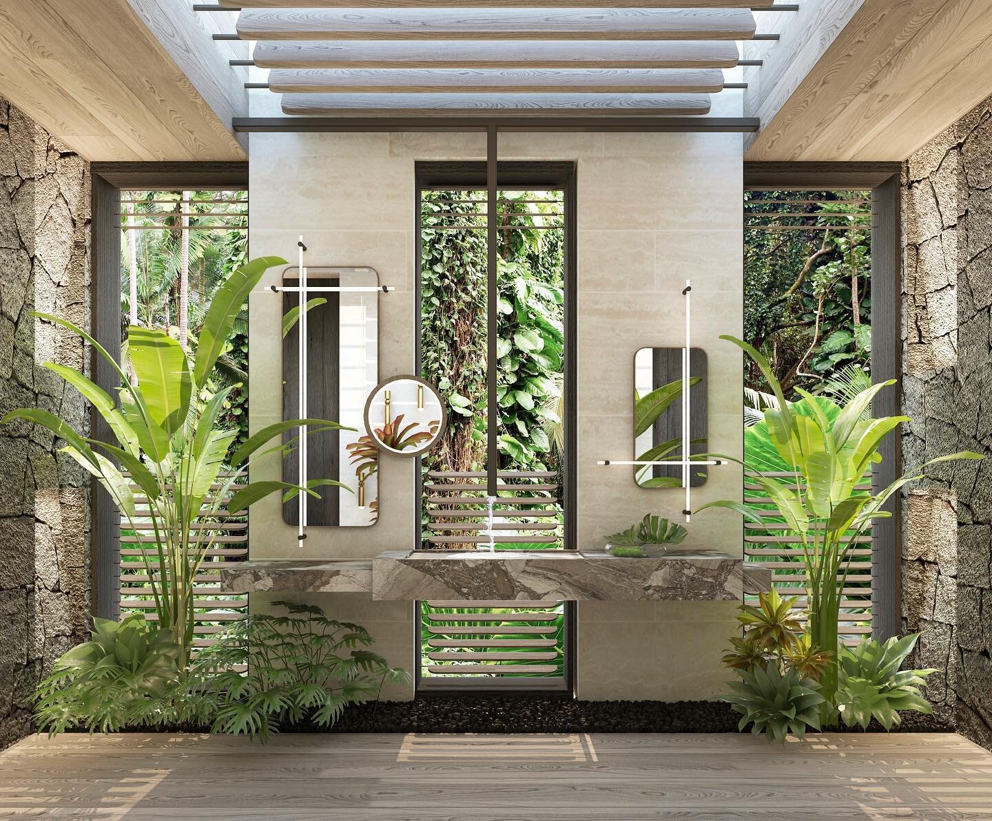 P2 - Powder Room 

Lava rock and Ivory Travertine walls frame a floating Positano Grey marble vanity, custom dark bronze ceiling-mounted faucet &amp; vegetated indoor rock garden. Wooden louvers screen sunlight at the windows and skylight. 

#designb