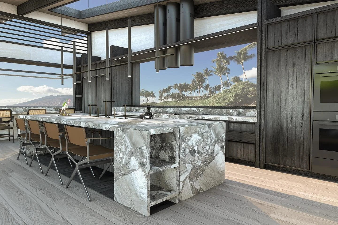 P1 - a bespoke kitchen somewhere in Hawai&rsquo;i 🏝 Detailing which nods to Japanese joinery along with Bleached Oak flooring &amp; ceiling, Shou Sugi Ban millwork, Ivory Travertine wall cladding, Positano Grey Marble island and countertops and dark
