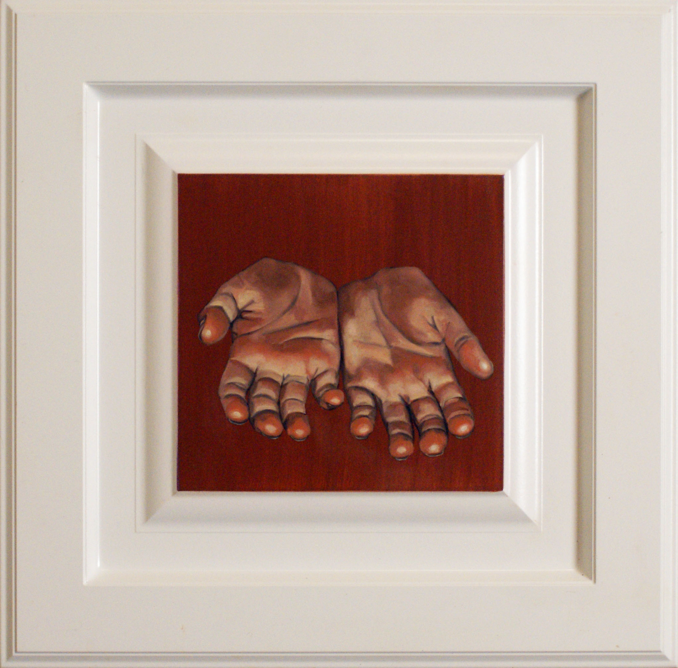 Hand #6, 14.5" x 14.5", oil and acrylic on cabinet door, 2014