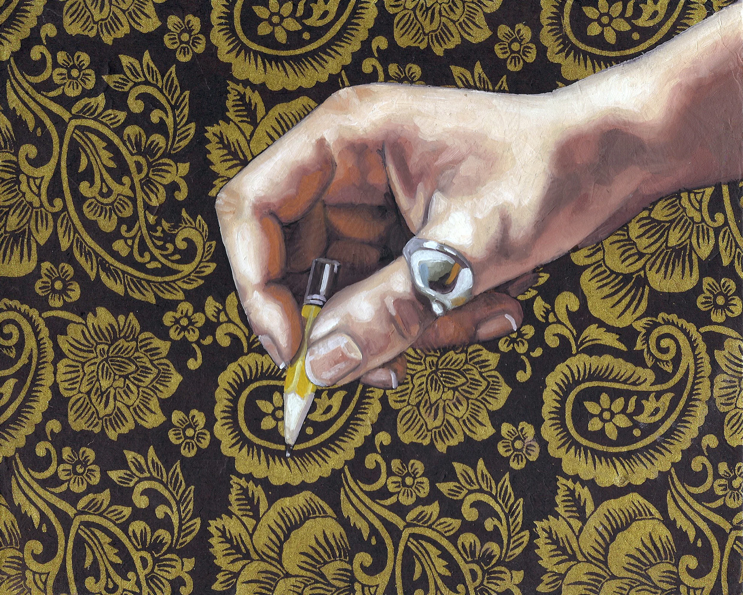 Pencil, 8 x 10", oil and rice paper on panel, 2014