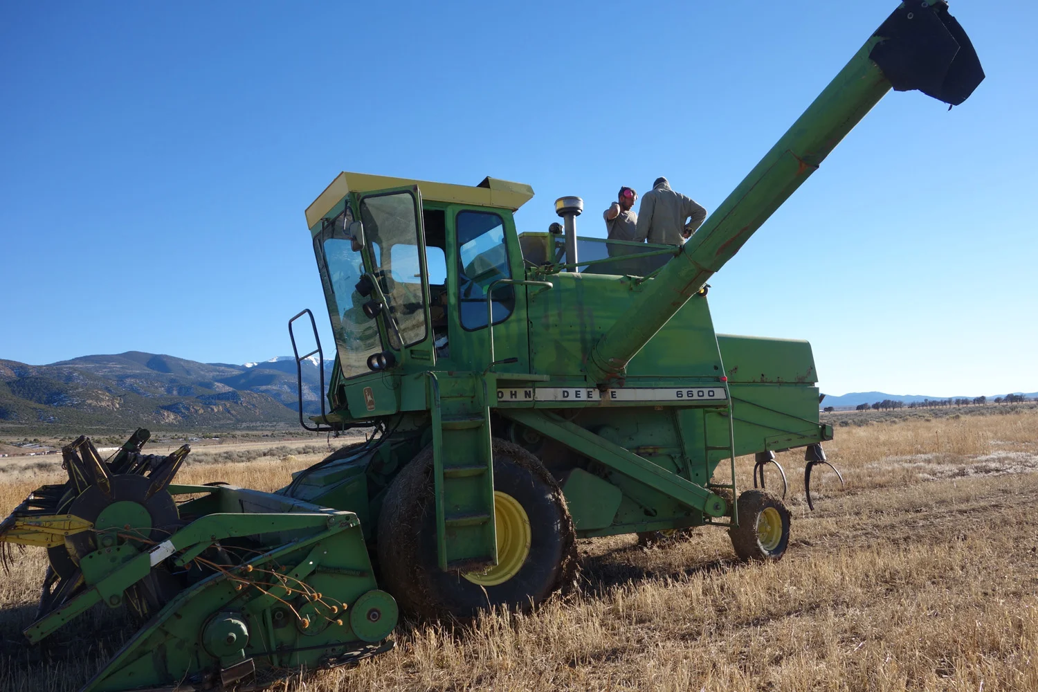 The farmer inspects the harvest with Andre, owner of Wild Leaven Bakery. Thanks to local wheat guru Gogo for this great machine!
