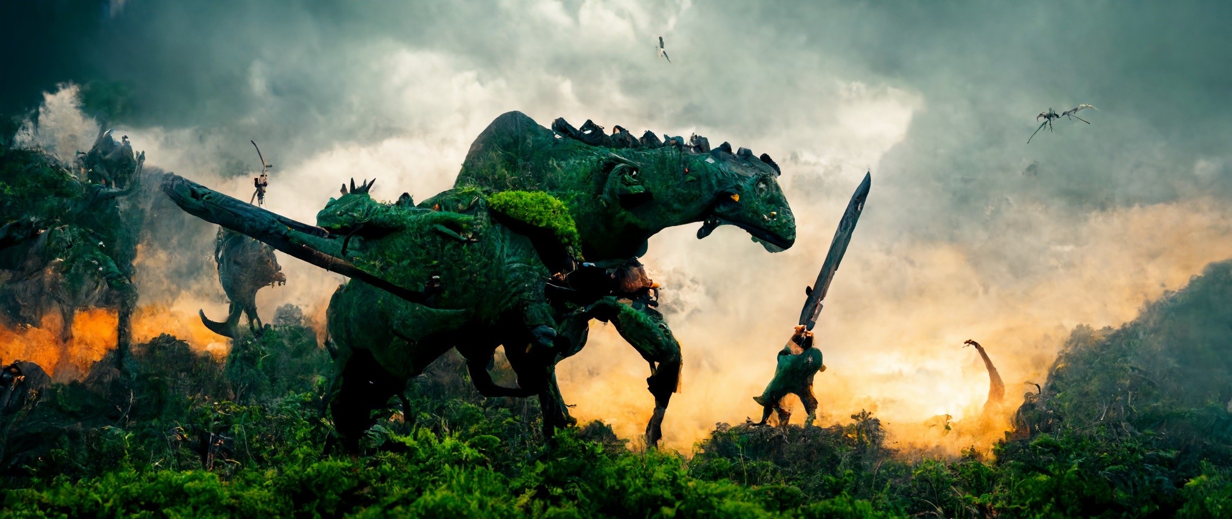 df60534c-4599-478b-9eae-257f0caa14ab_S3RAPH_Dino_with_armor_and_detailed_weapons_in_epic_fight_scene._in_green_prehistoric_jungle._Epic_sky._Cin.JPG