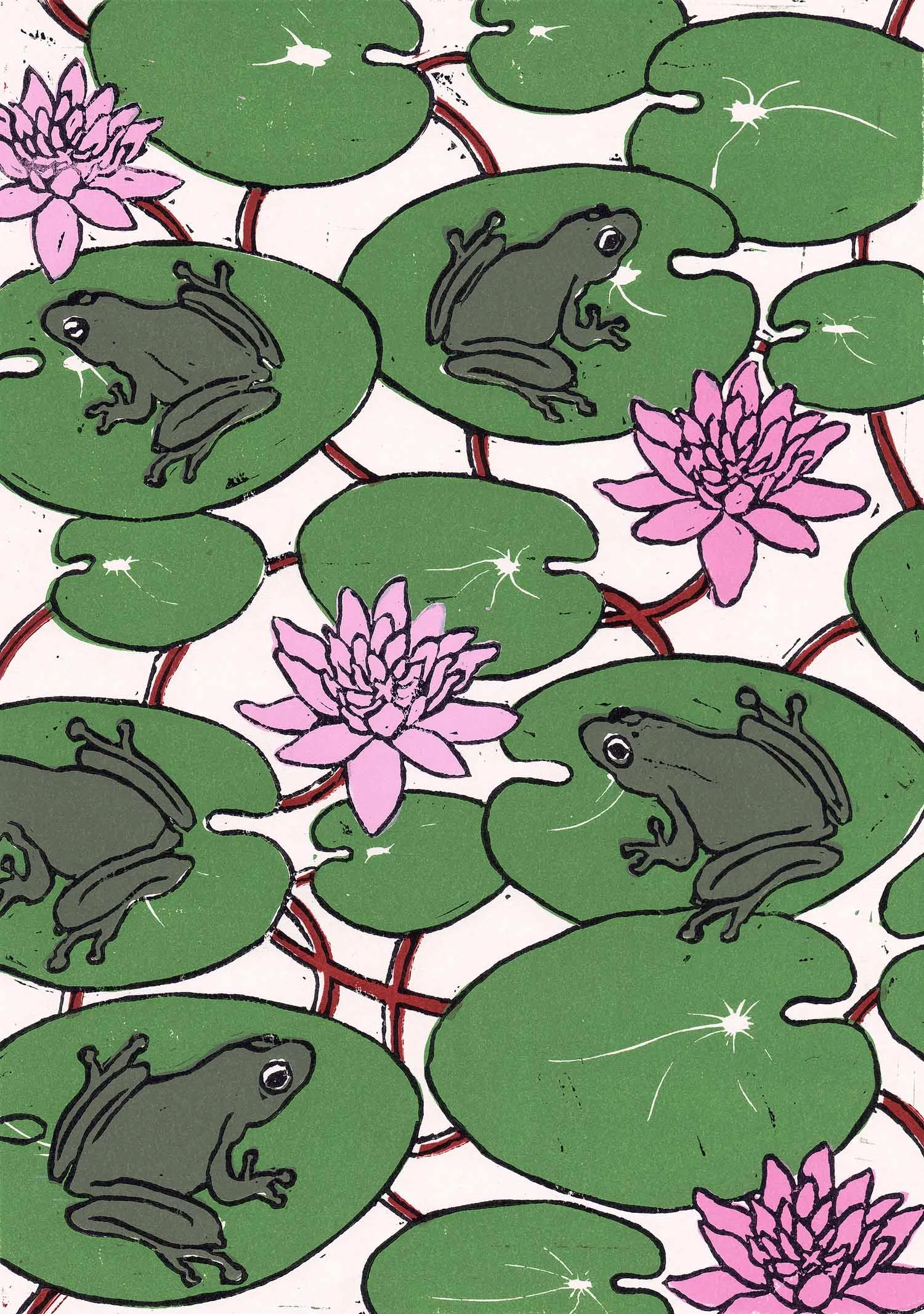 "Waterlilies" – original linocut print limited edition of 70, 21 x 30 cm.