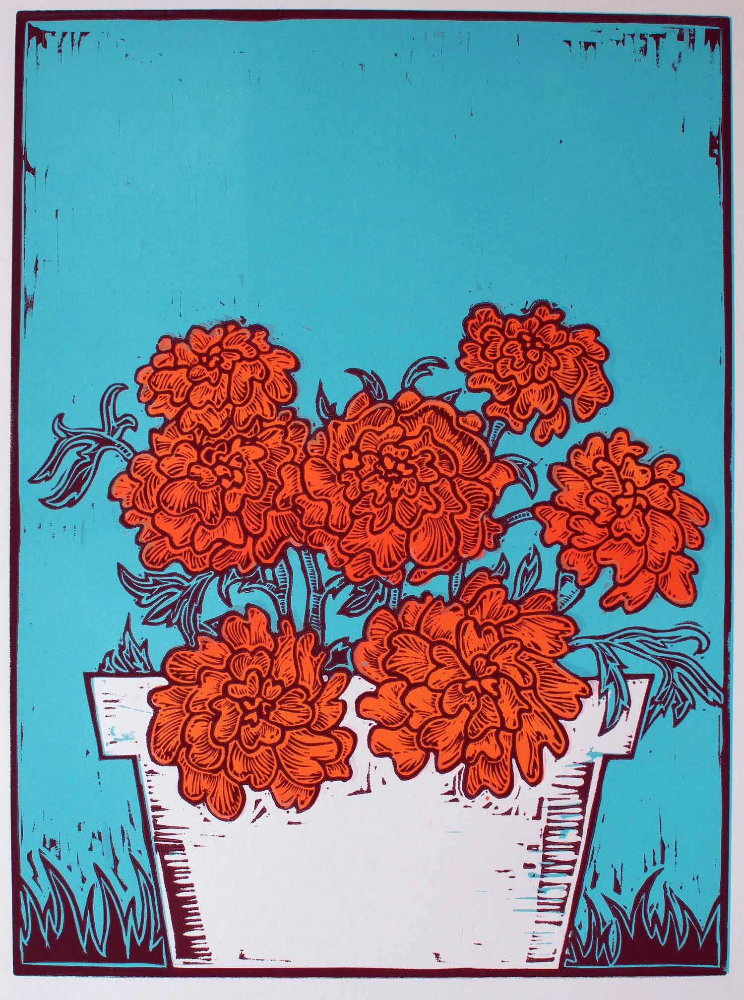 “Pot of Marigolds” – original linocut print limited edition of 60, 40 x 30 cm.
