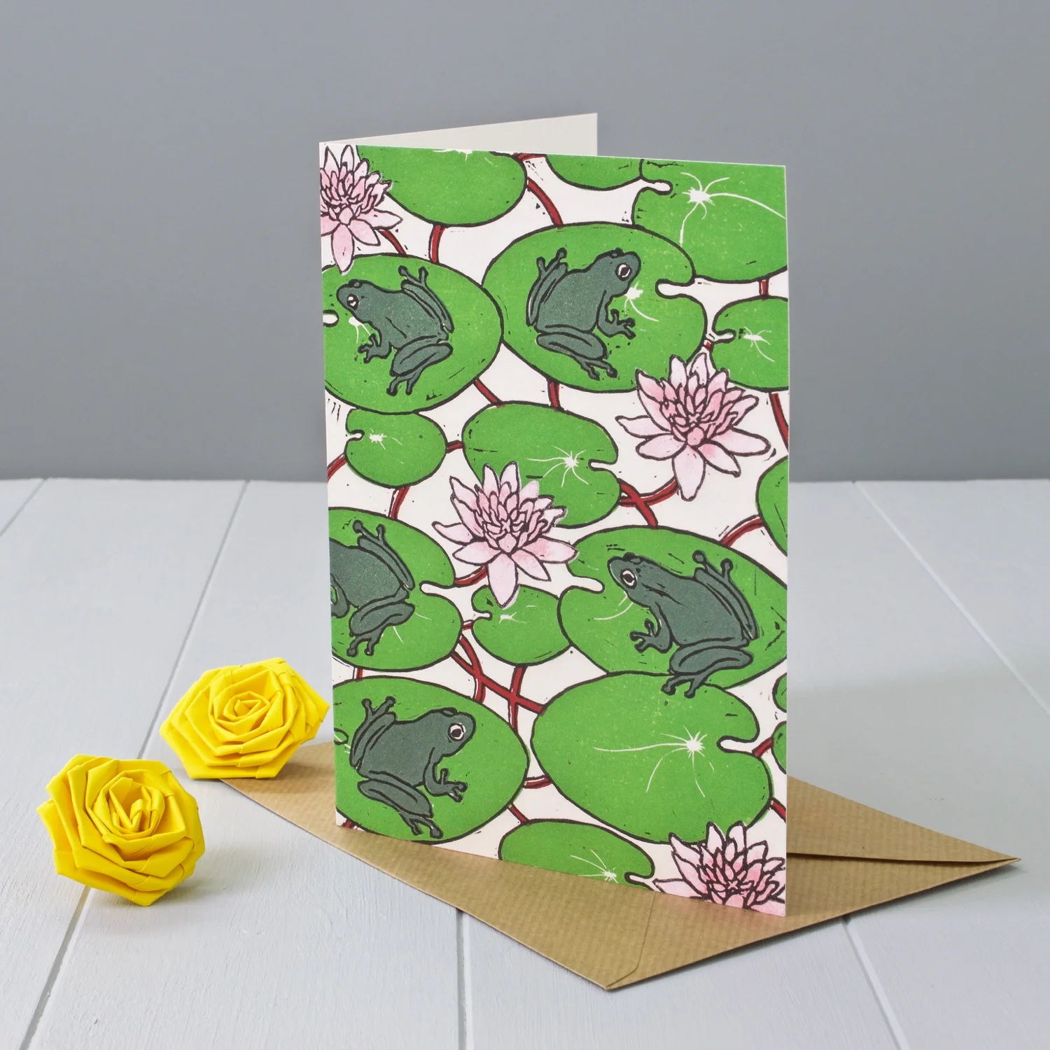 Water lilies and frogs Linocut relief print art greeting card designed by Faisal Khouja published by Yellow Rose Design
