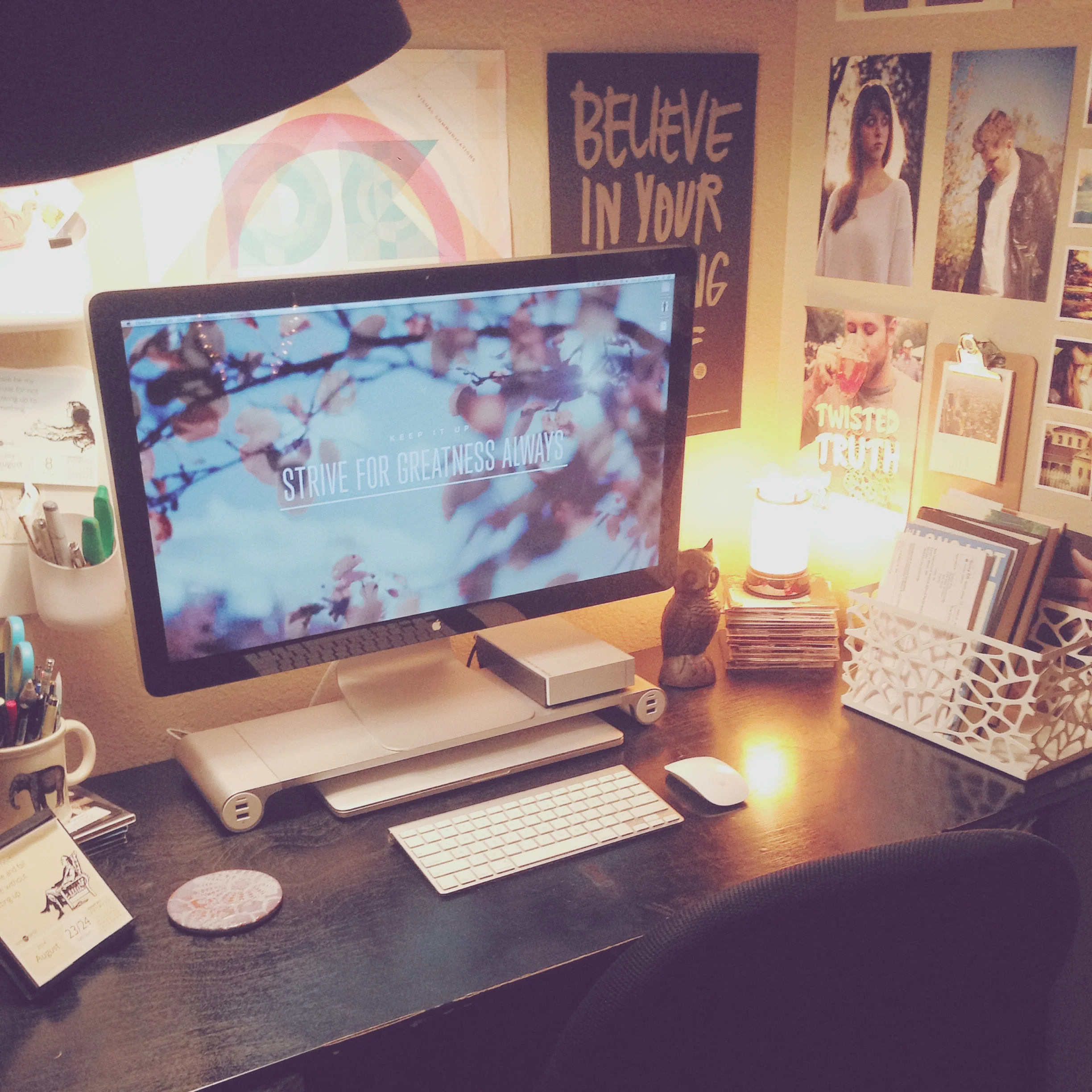 A view of my slightly-cluttered, but totally cozy workspace at home.