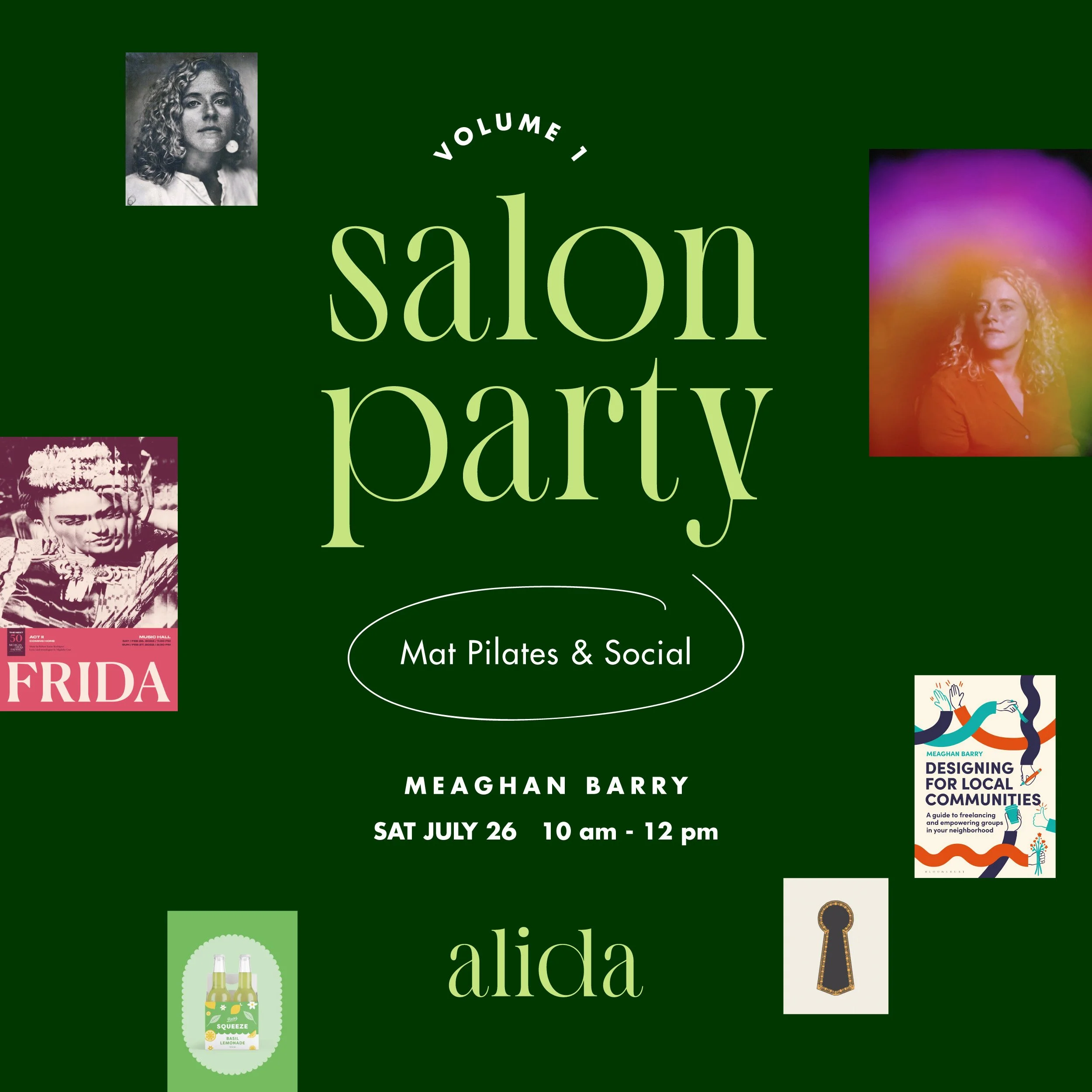 Green poster advertising a salon party event with photos of women, text about the event details, and various small images including a magazine cover, book, keyhole, and beverage illustration.