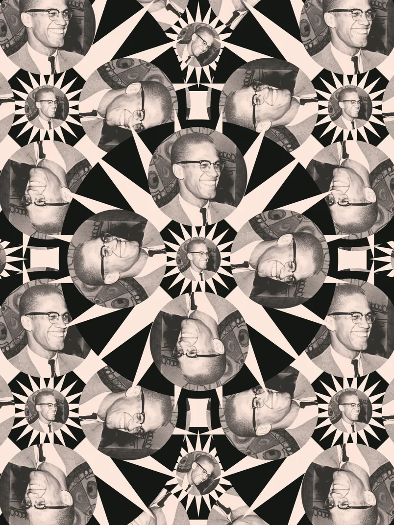 A kaleidoscope pattern with repeated black-and-white photos of a man wearing glasses and a suit, arranged in a symmetrical, abstract design.