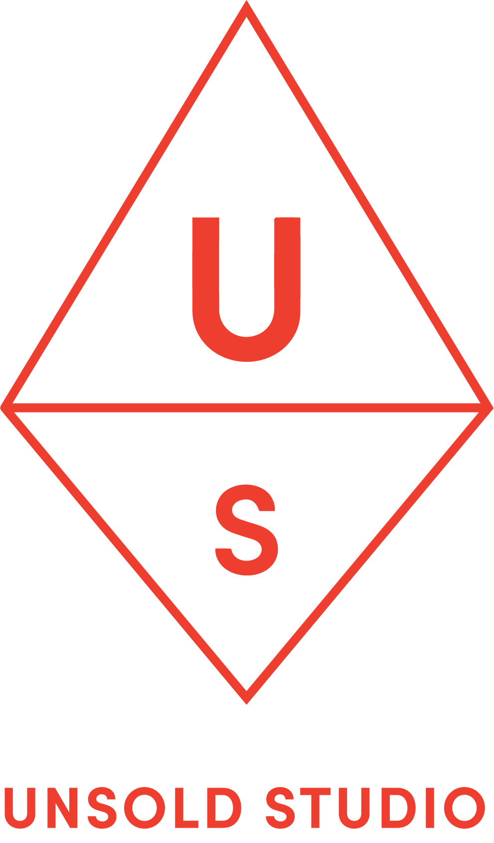 A black background with a red outlined diamond shape. Inside the diamond, there is a large red letter 'U' at the top and a large red letter 'S' at the bottom, separated by a horizontal red line. Below the diamond, the words 'UNSOLD STUDIO' are written in red capital letters.