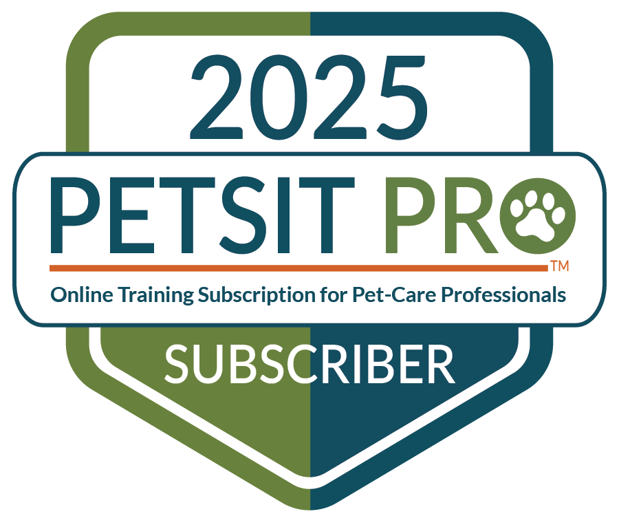 Badge for PETSIT PRO 2025 online pet-care training subscription, divided into green and blue sections, with the words 'SUBSCRIBER' at the bottom and a paw print icon next to the word 'PRO.'