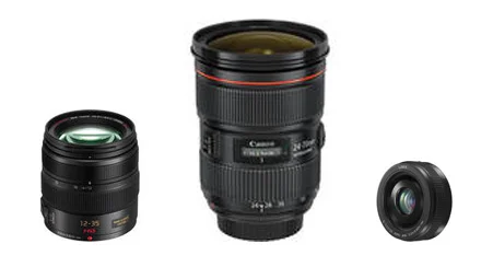 A Panasonic 12-35mm f/2.8 zoom, a Canon 24-70mm f/2.8 zoom and a Panasonic 20mm f/1.7 prime