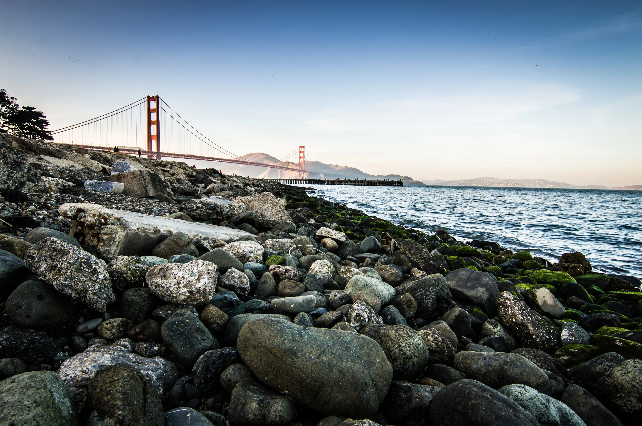 Stacked rocks in front of Golden Gate Bridge